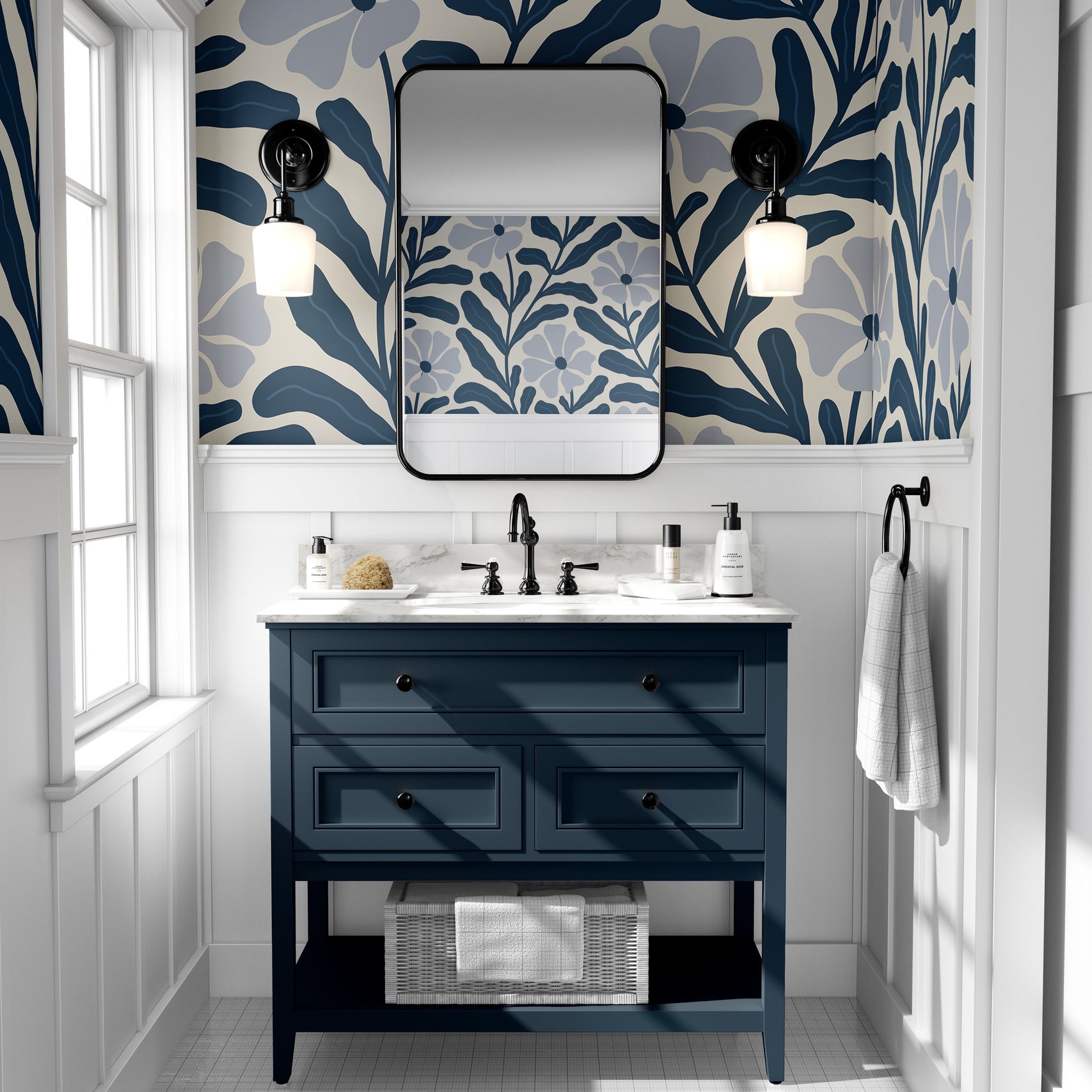 Set of 4 Panels of 24in (2ft) x 60in (5ft) Abstract Navy Large Floral DISCOUNTED Peel and Stick Wallpaper 540