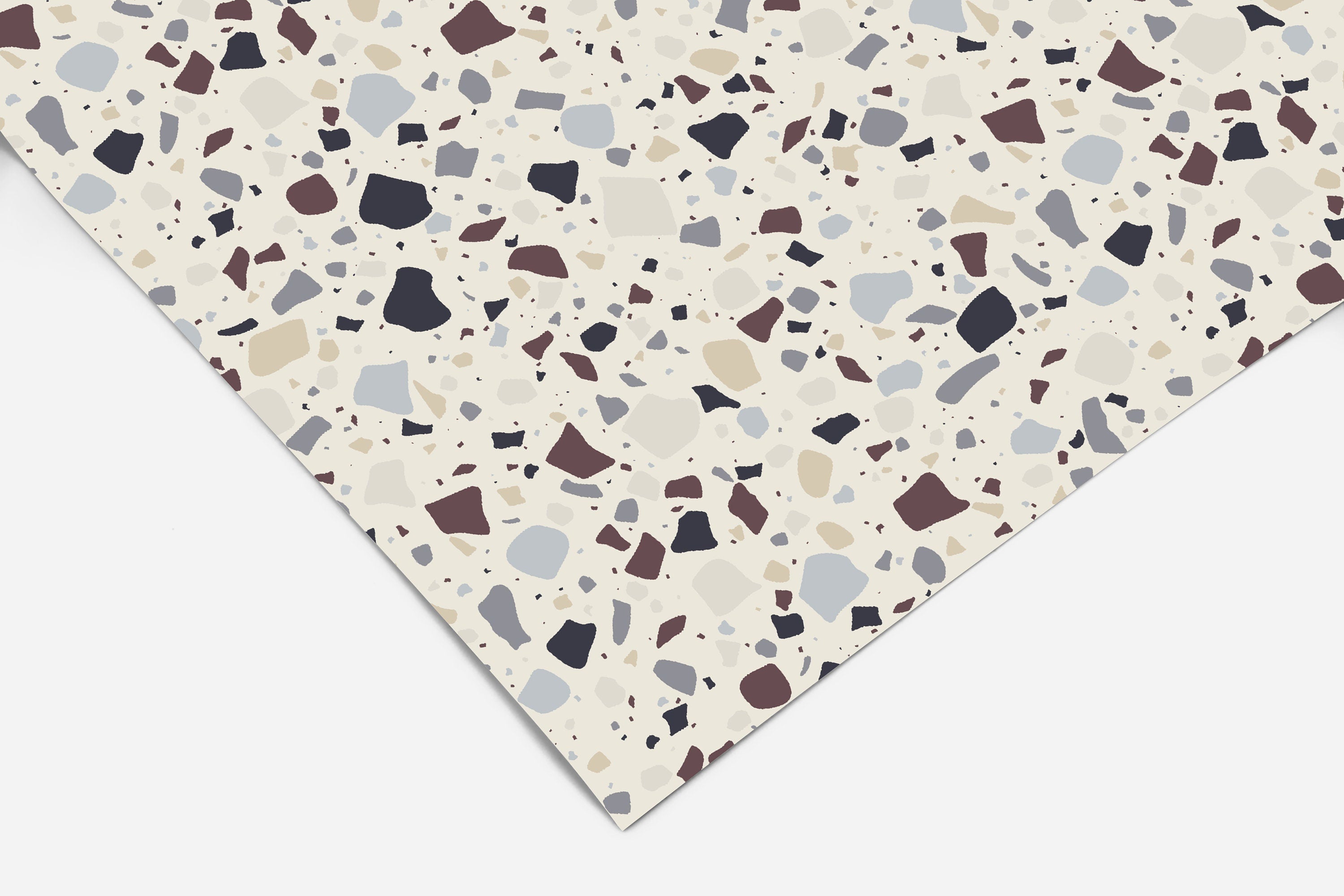 Contact paper 117 A close-up of neutral terrazzo contact paper with a white background and speckled pattern in shades of gray, taupe, and black, ideal for modern interiors, countertops, and DIY home projects.