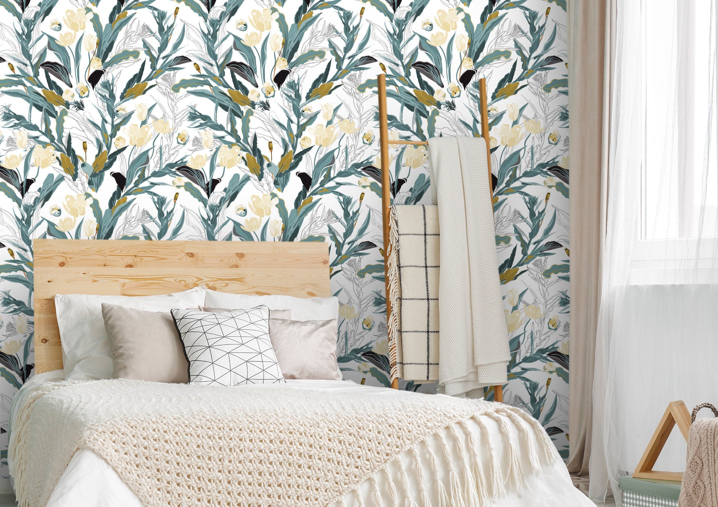 Green Gold Floral Wallpaper | Wallpaper Peel and Stick | Removable Wallpaper | Peel and Stick Wallpaper | Wall Paper Peel And Stick | 2234 - JamesAndColors