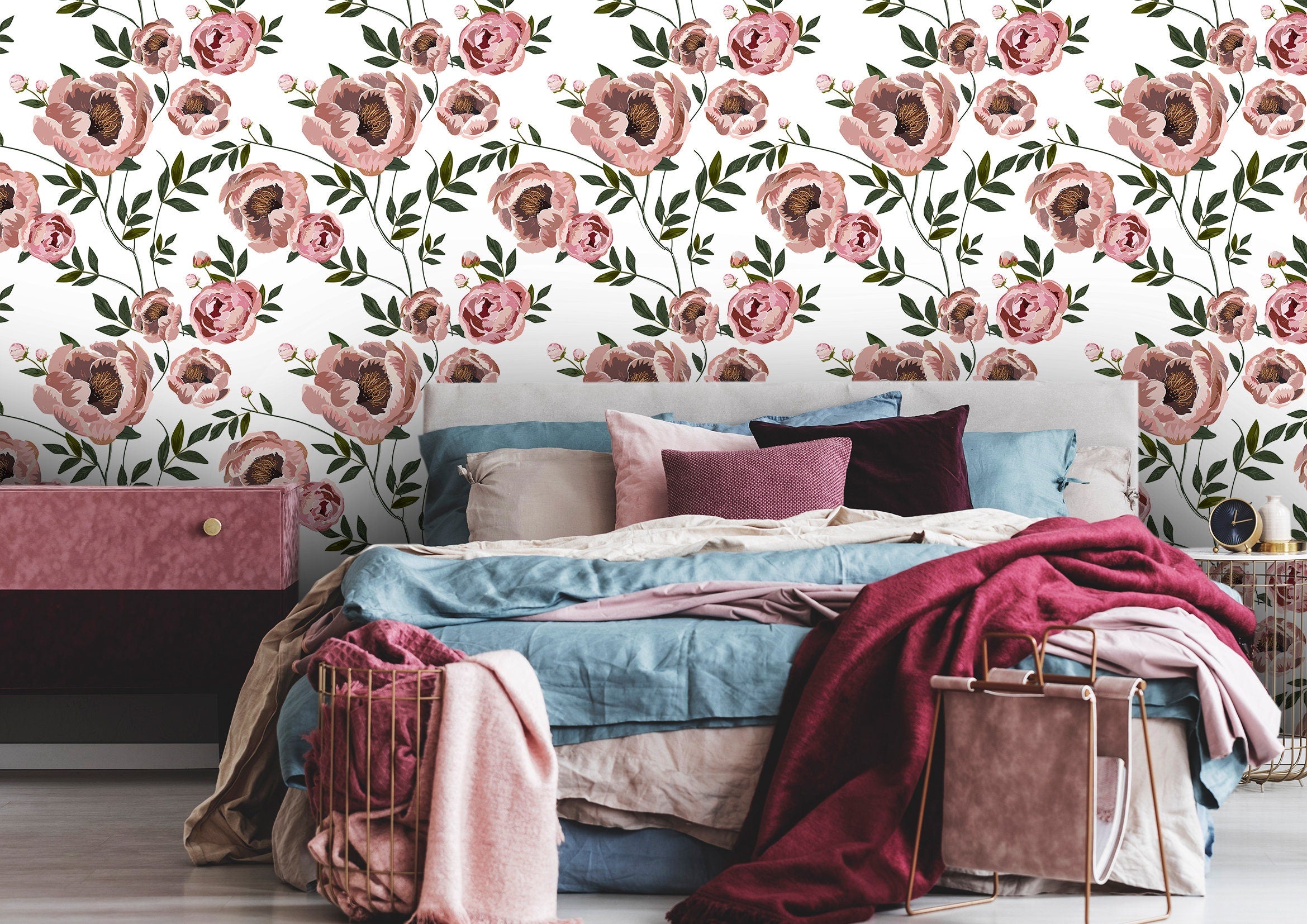 Pink Floral Wallpaper | Wallpaper Peel and Stick | Removable Wallpaper | Peel and Stick Wallpaper | Wall Paper Peel And Stick | 2183 - JamesAndColors