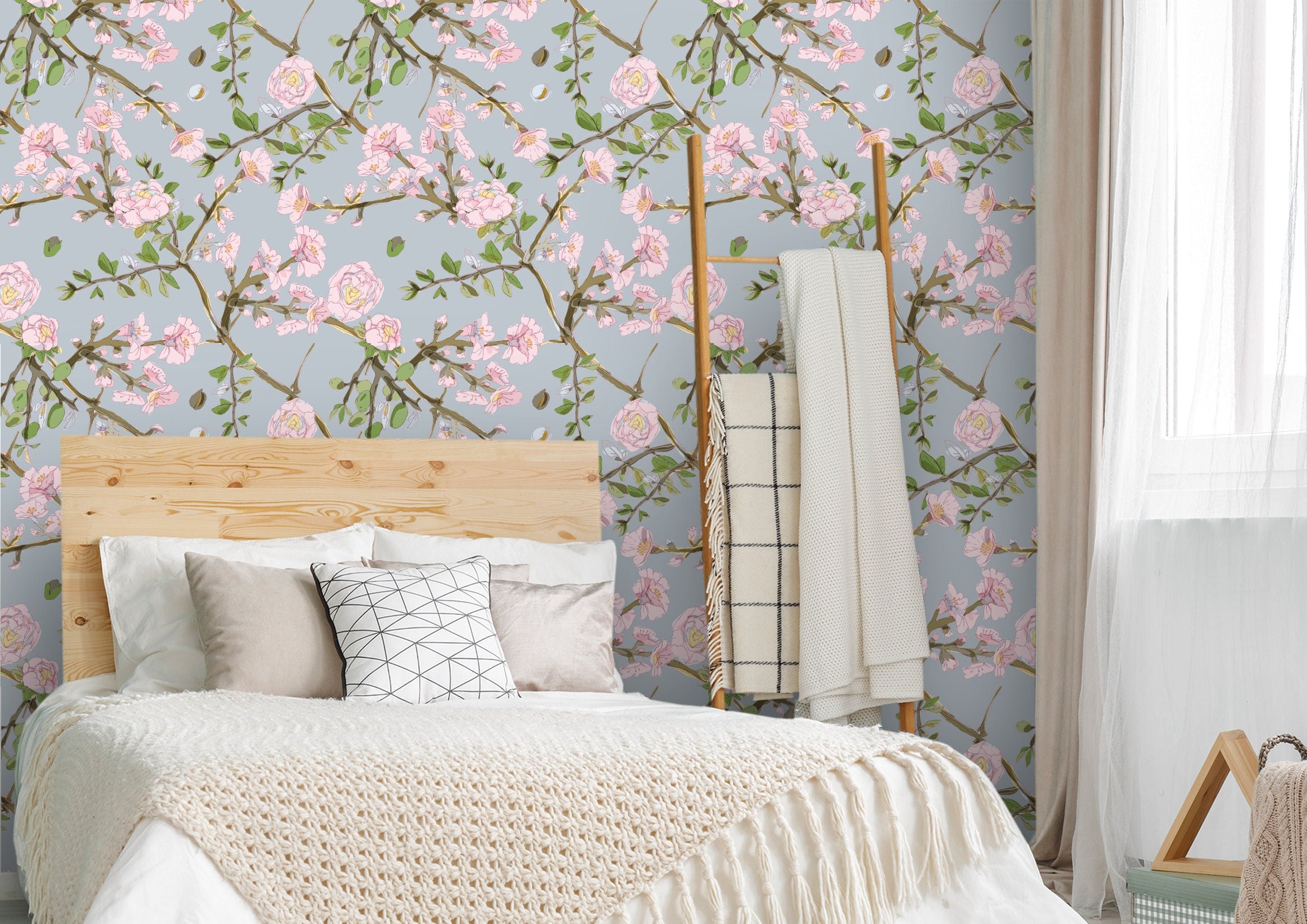 Pink Branch Floral Wallpaper | Wallpaper Peel and Stick | Removable Wallpaper | Peel and Stick Wallpaper | Wall Paper Peel And Stick | 2126 - JamesAndColors