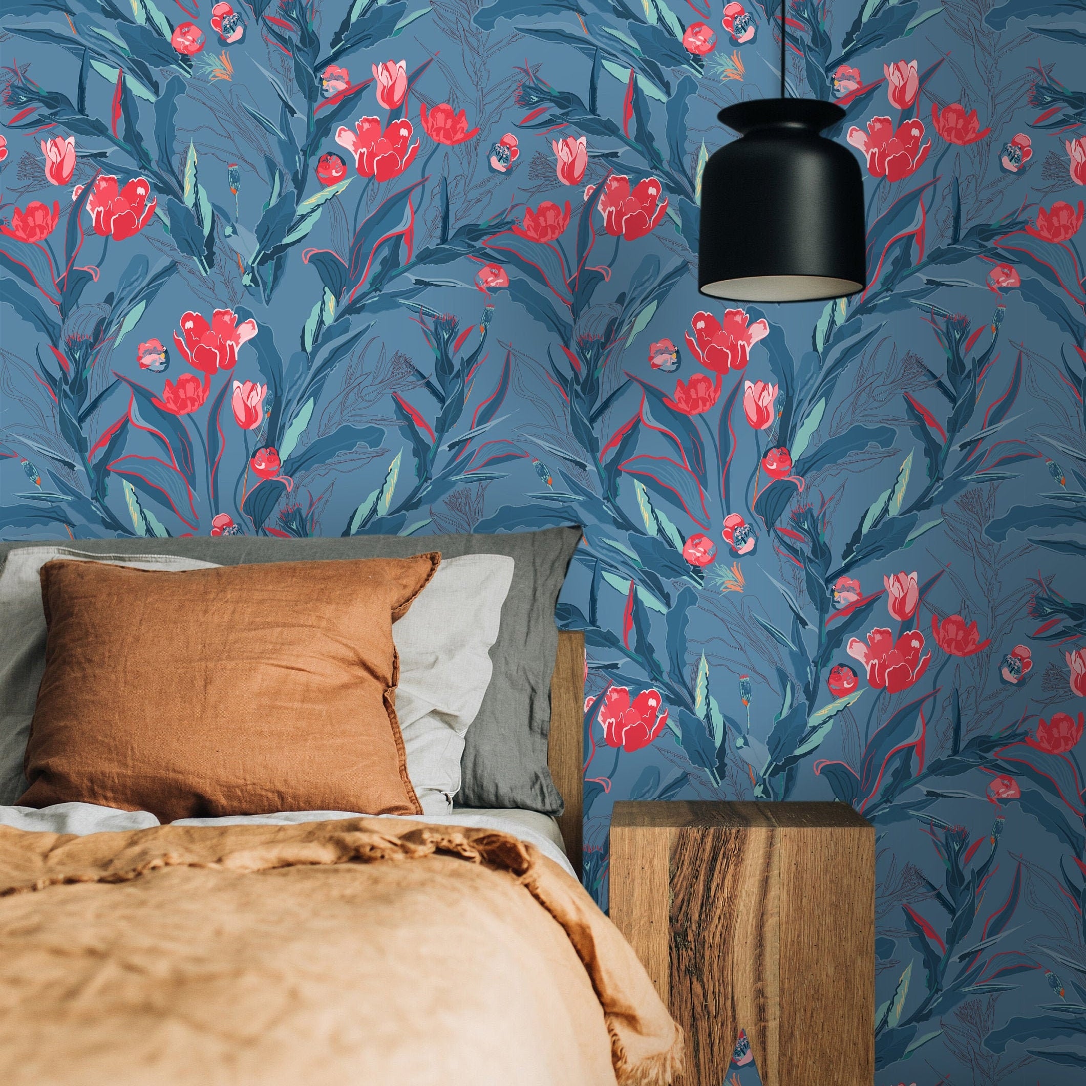 Blue Tulip Floral Wallpaper | Wallpaper Peel and Stick | Removable Wallpaper | Peel and Stick Wallpaper | Wall Paper Peel And Stick | 2121 - JamesAndColors