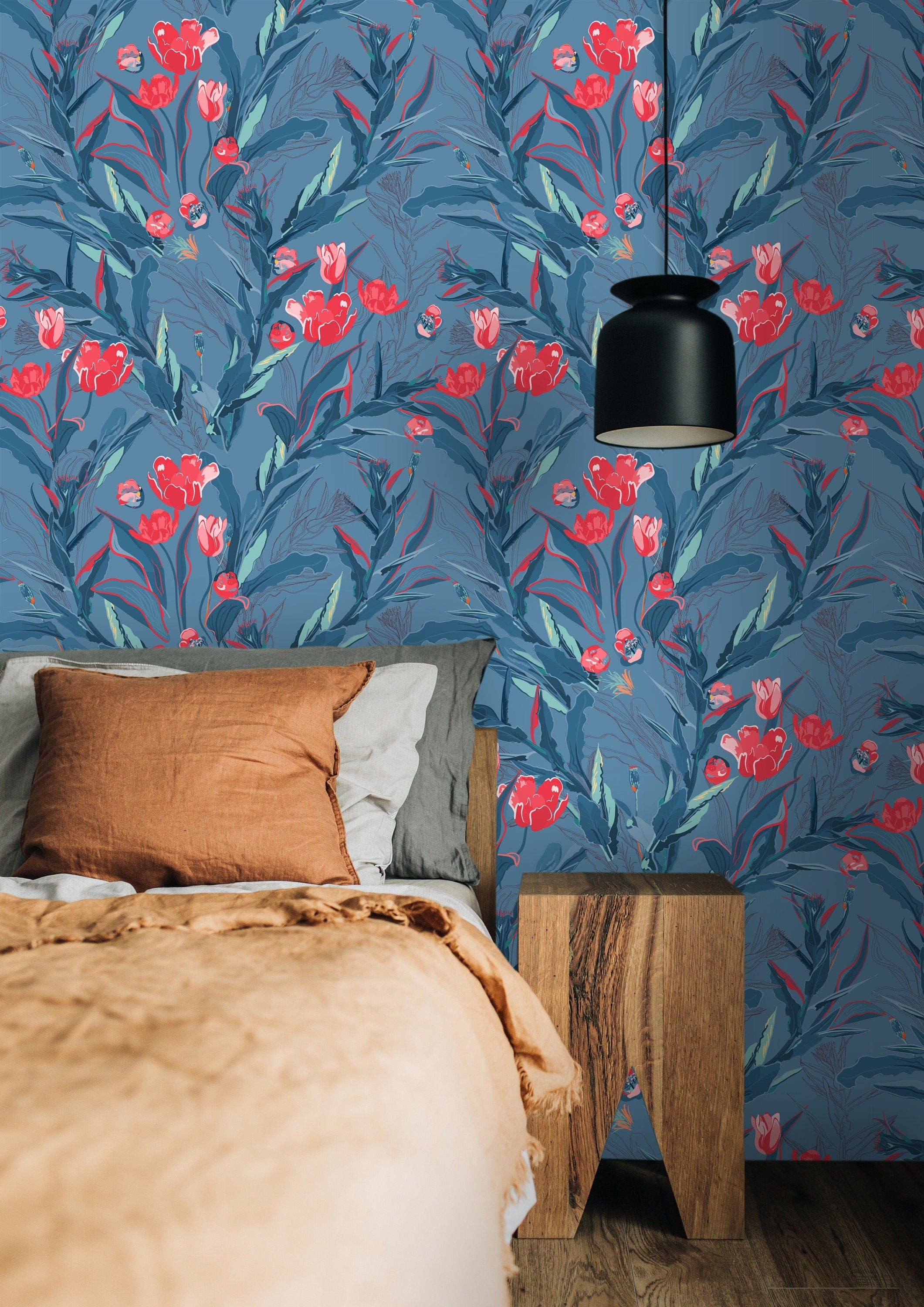 Blue Tulip Floral Wallpaper | Wallpaper Peel and Stick | Removable Wallpaper | Peel and Stick Wallpaper | Wall Paper Peel And Stick | 2121 - JamesAndColors