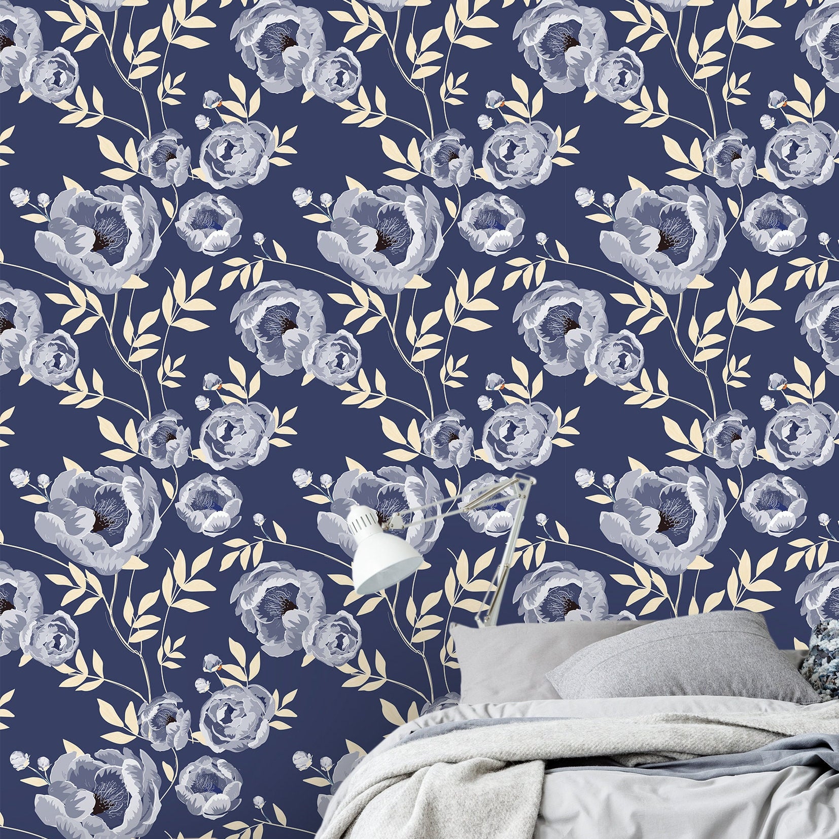 Navy Peony Floral Wallpaper | Wallpaper Peel and Stick | Removable Wallpaper | Peel and Stick Wallpaper | Wall Paper Peel And Stick | 2114 - JamesAndColors