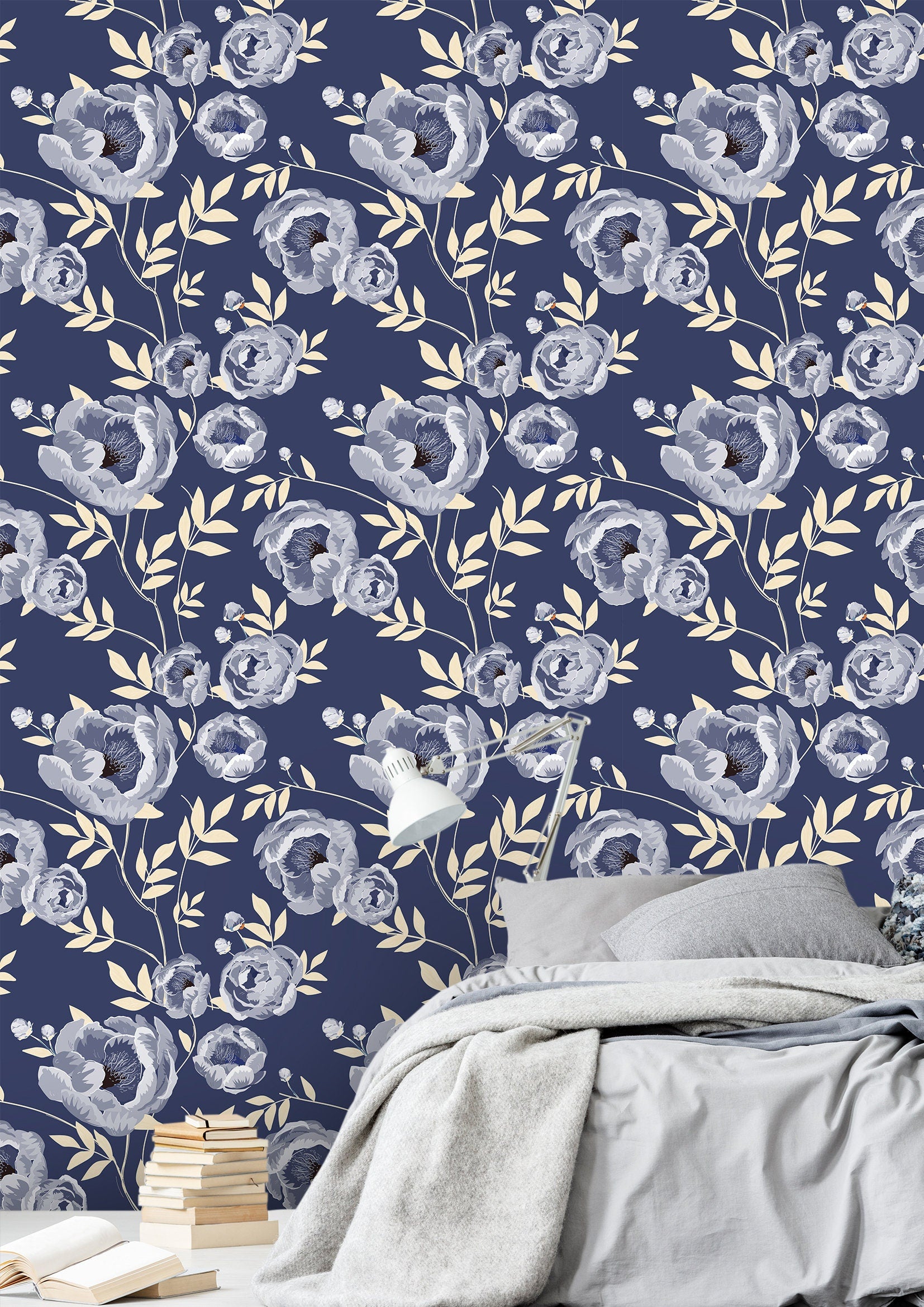 Navy Peony Floral Wallpaper | Wallpaper Peel and Stick | Removable Wallpaper | Peel and Stick Wallpaper | Wall Paper Peel And Stick | 2114 - JamesAndColors