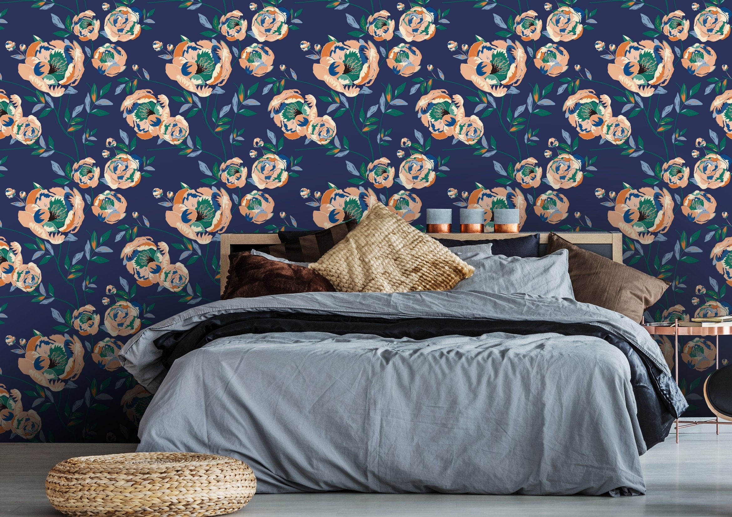 Navy Beige Floral Wallpaper | Wallpaper Peel and Stick | Removable Wallpaper | Peel and Stick Wallpaper | Wall Paper Peel And Stick | 2113 - JamesAndColors