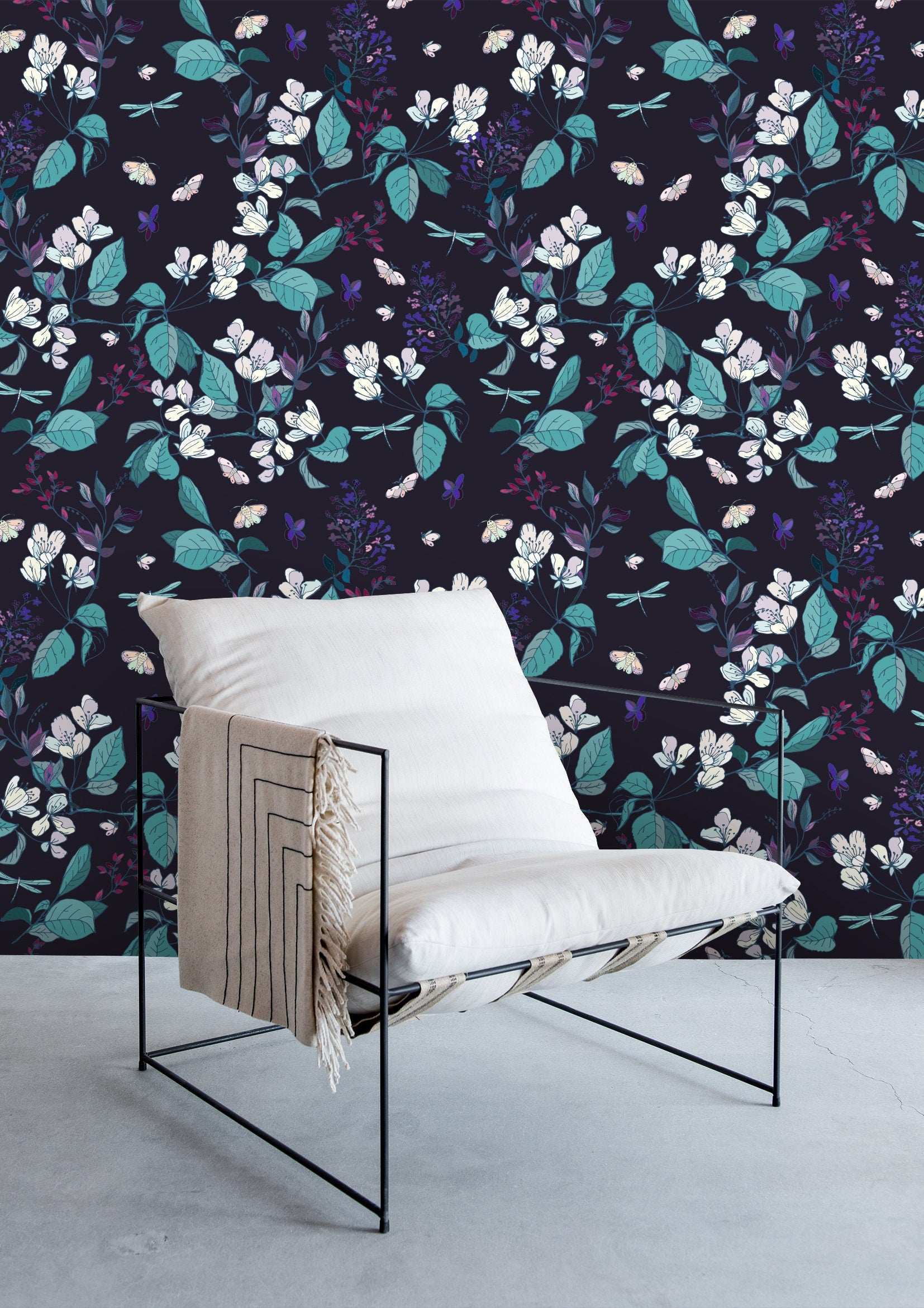 Navy Dark Floral Wallpaper | Wallpaper Peel and Stick | Removable Wallpaper | Peel and Stick Wallpaper | Wall Paper Peel And Stick 2104 - JamesAndColors