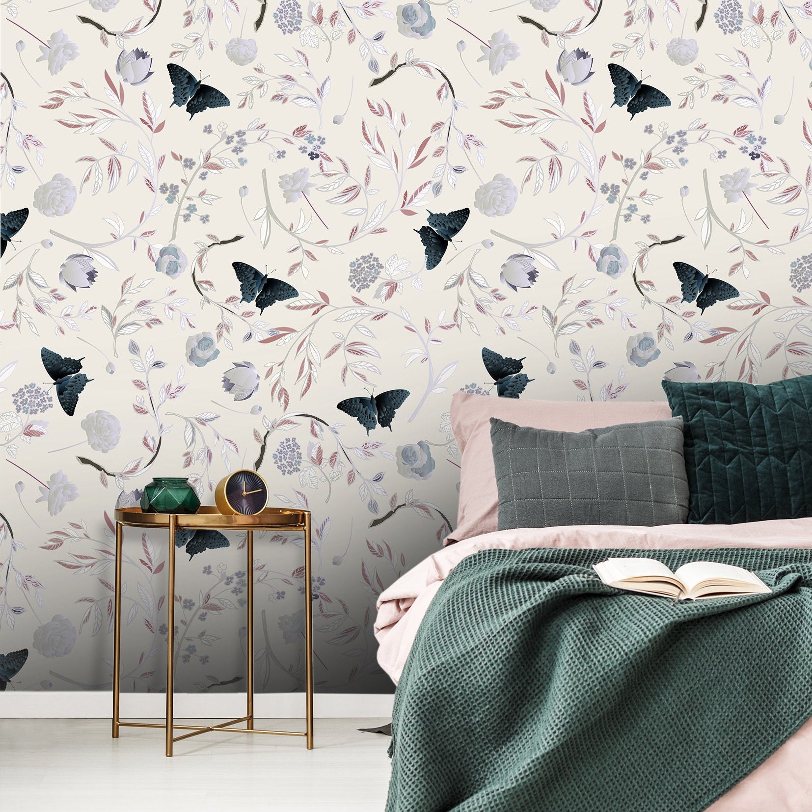 Ivory Butterfly Floral Wallpaper | Wallpaper Peel and Stick | Removable Wallpaper | Wall Paper Peel And Stick 2073 - JamesAndColors