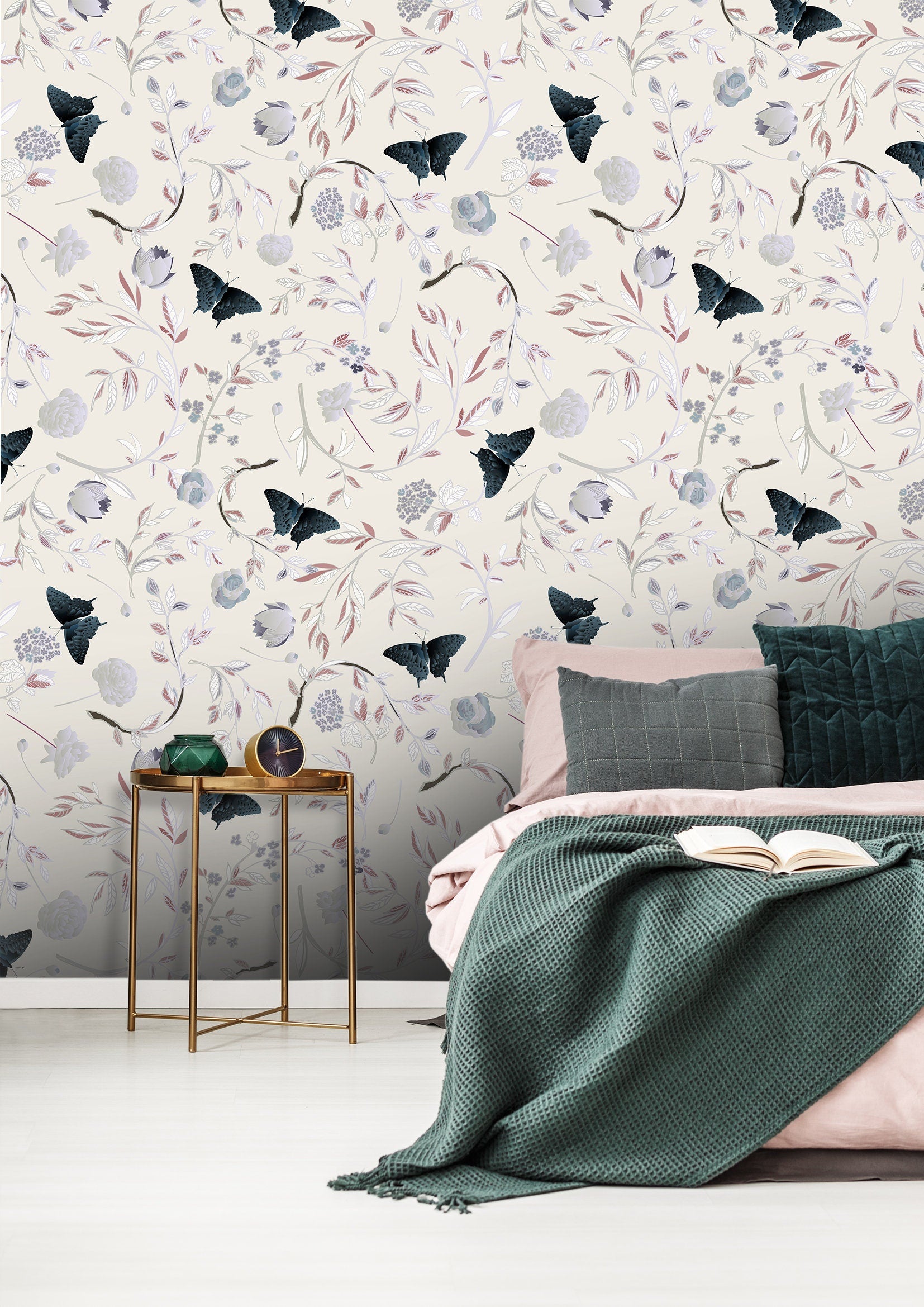 Ivory Butterfly Floral Wallpaper | Wallpaper Peel and Stick | Removable Wallpaper | Wall Paper Peel And Stick 2073 - JamesAndColors