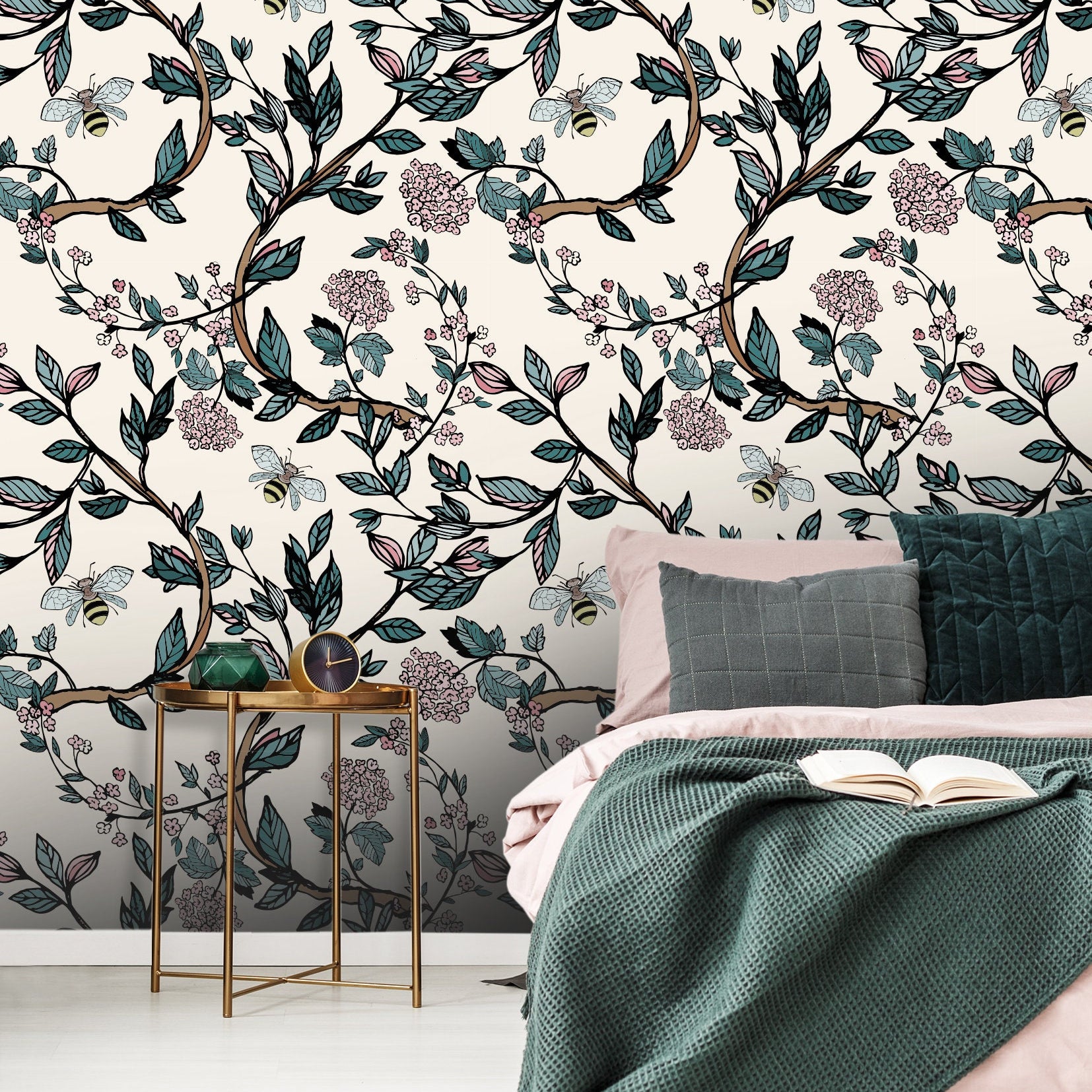 Floral Bee Branches Floral Wallpaper | Wallpaper Peel and Stick | Removable Wallpaper | Wall Paper Peel And Stick 2072 - JamesAndColors