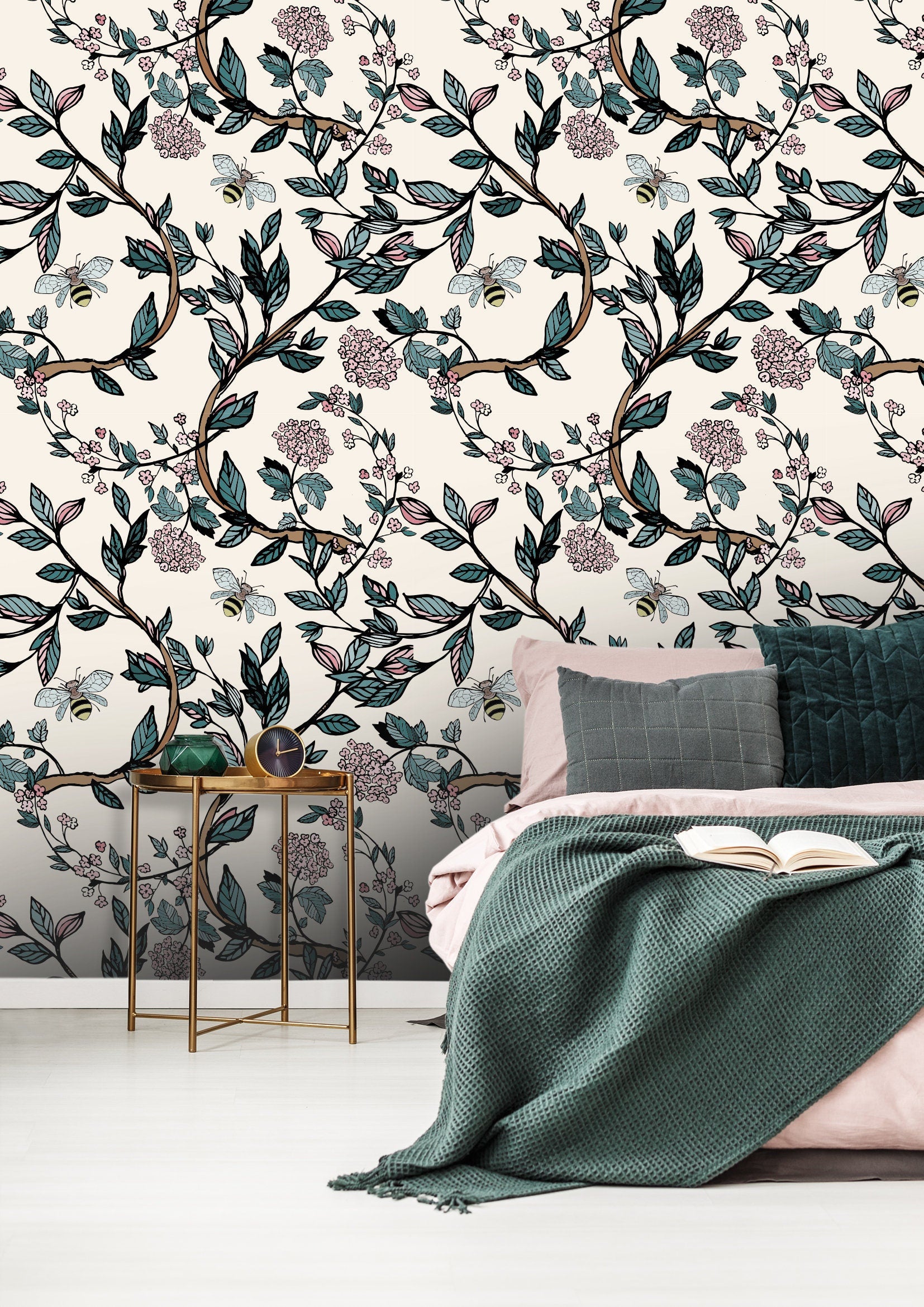 Floral Bee Branches Floral Wallpaper | Wallpaper Peel and Stick | Removable Wallpaper | Wall Paper Peel And Stick 2072 - JamesAndColors