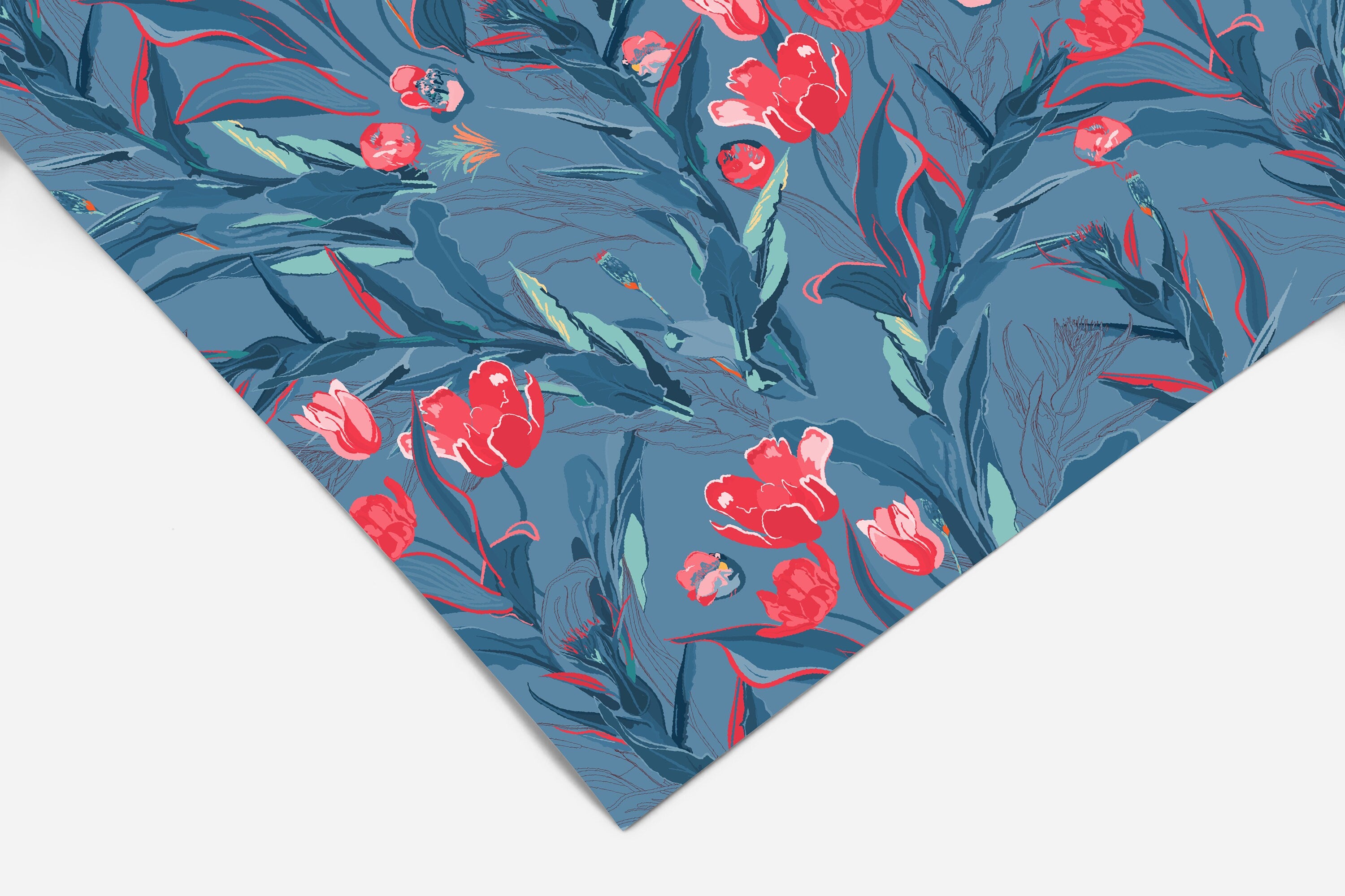 Blue And Red Floral Contact Paper | Peel And Stick Wallpaper | Removable Wallpaper | Shelf Liner | Drawer Liner | Peel and Stick Paper 377