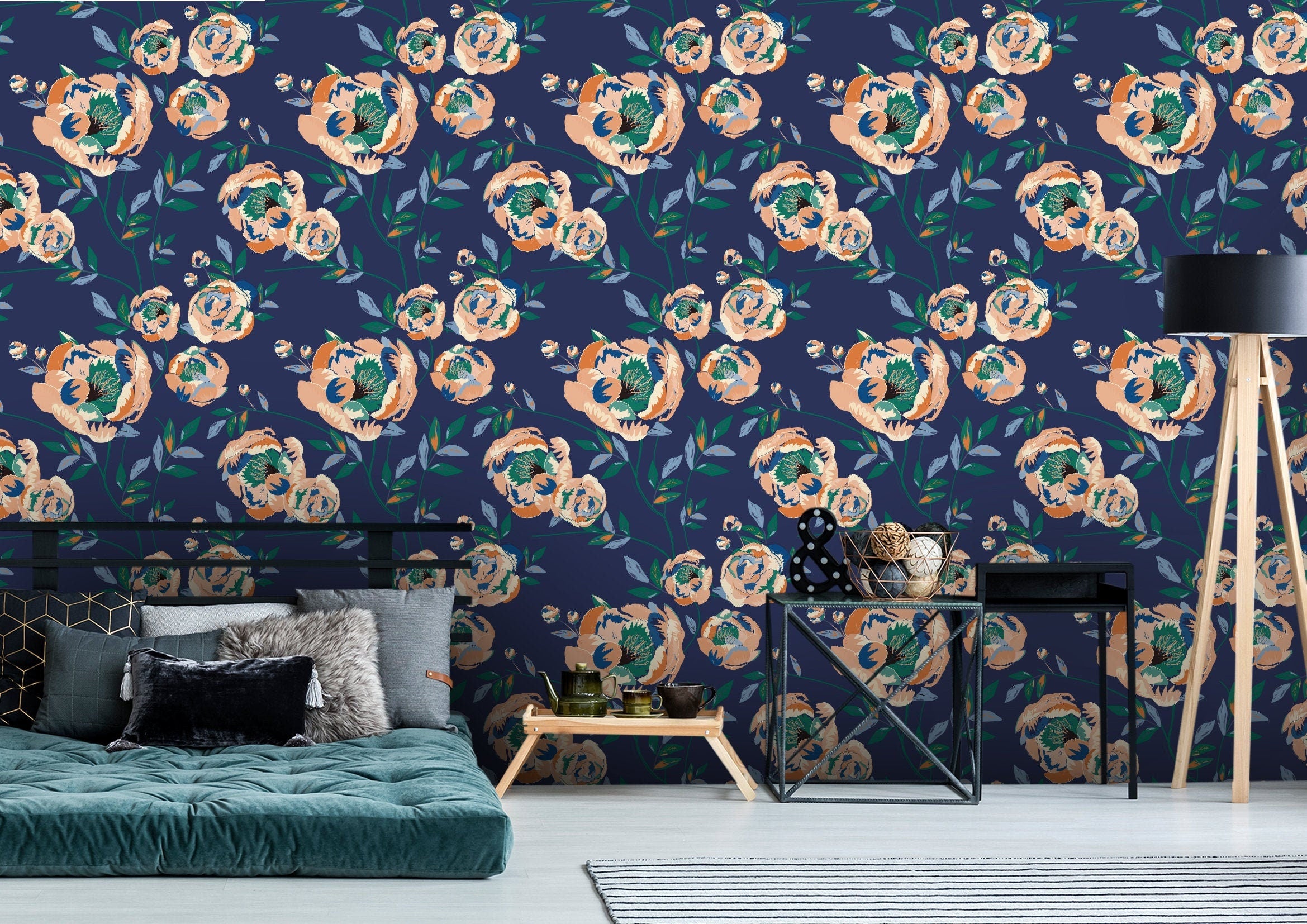 Navy Beige Floral Wallpaper | Wallpaper Peel and Stick | Removable Wallpaper | Peel and Stick Wallpaper | Wall Paper Peel And Stick | 2113 - JamesAndColors