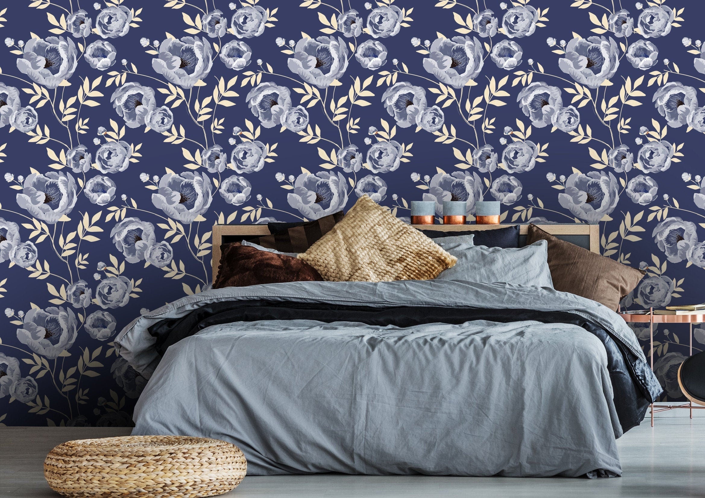 Navy Peony Floral Wallpaper | Wallpaper Peel and Stick | Removable Wallpaper | Peel and Stick Wallpaper | Wall Paper Peel And Stick | 2114 - JamesAndColors