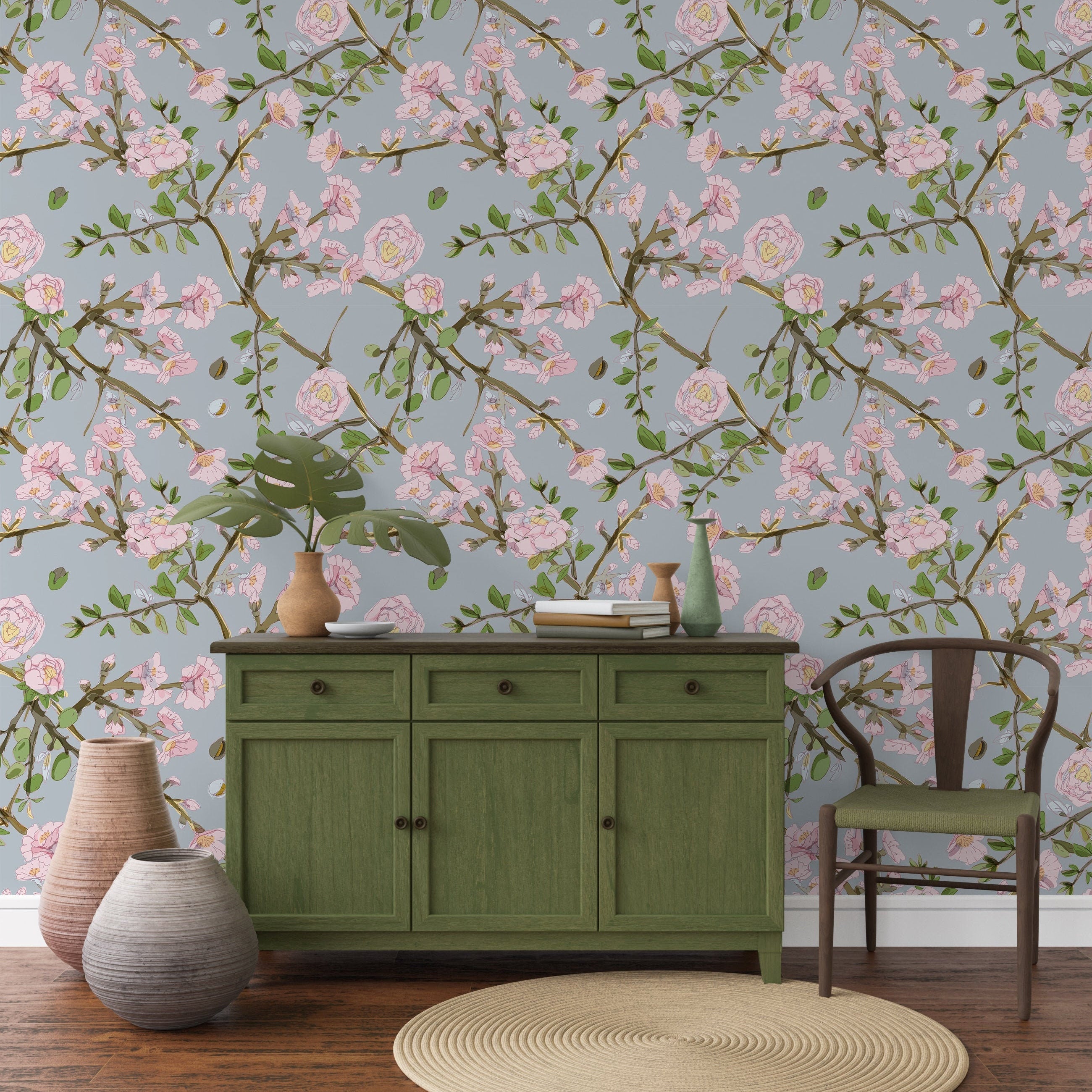 Pink Branch Floral Wallpaper | Wallpaper Peel and Stick | Removable Wallpaper | Peel and Stick Wallpaper | Wall Paper Peel And Stick | 2126 - JamesAndColors