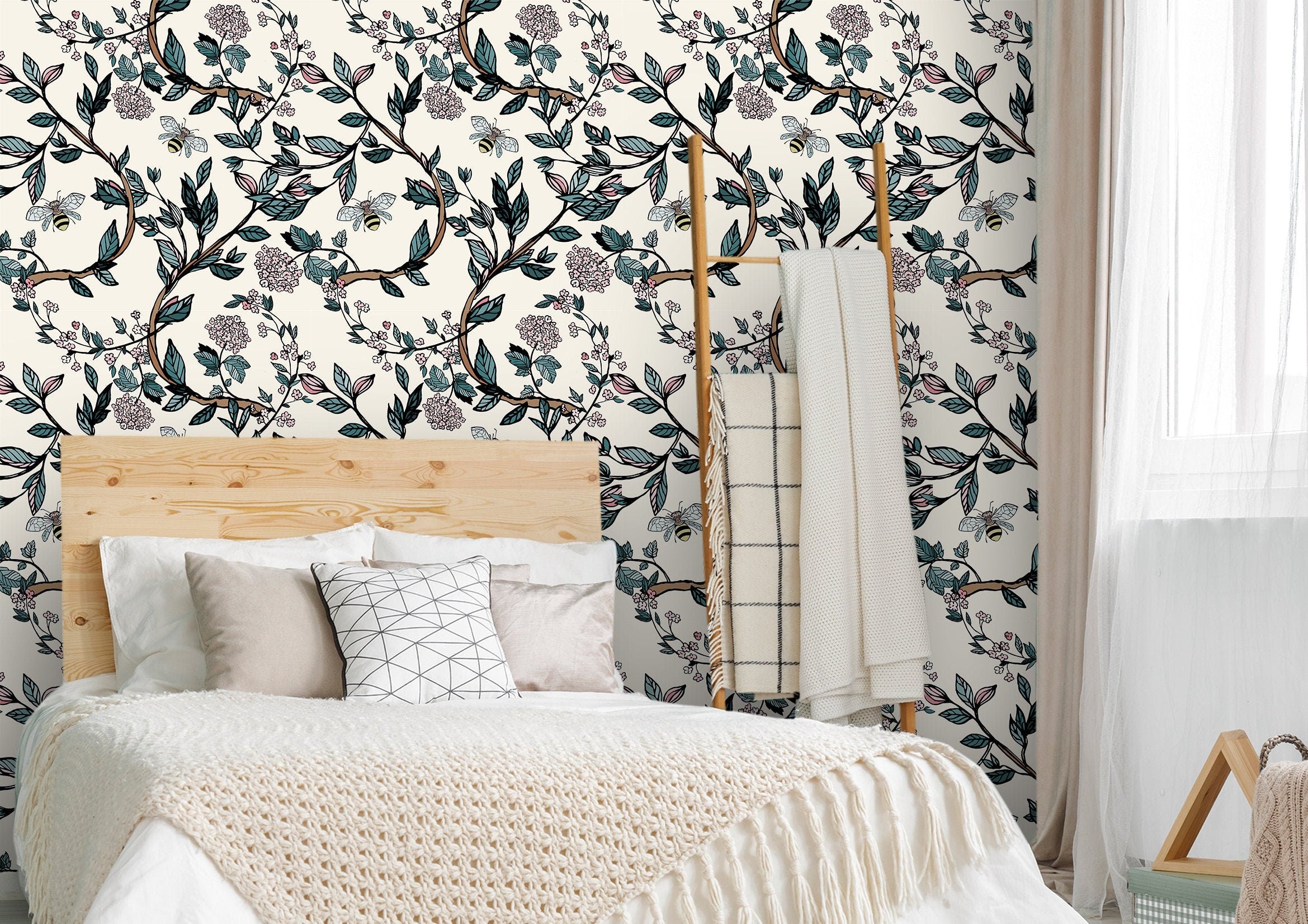 Floral Bee Branches Floral Wallpaper | Wallpaper Peel and Stick | Removable Wallpaper | Wall Paper Peel And Stick 2072 - JamesAndColors