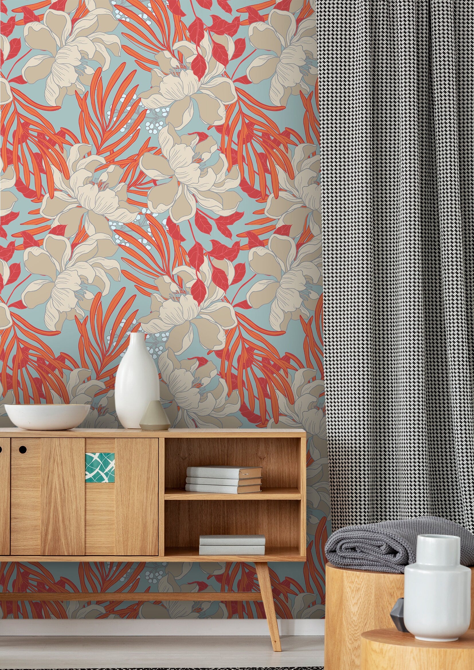 Orange Floral Wallpaper | Adhesive Wallpaper | Peel And Stick Wallpaper | Removable Wallpaper | Wall Paper Peel And Stick Mural 995
