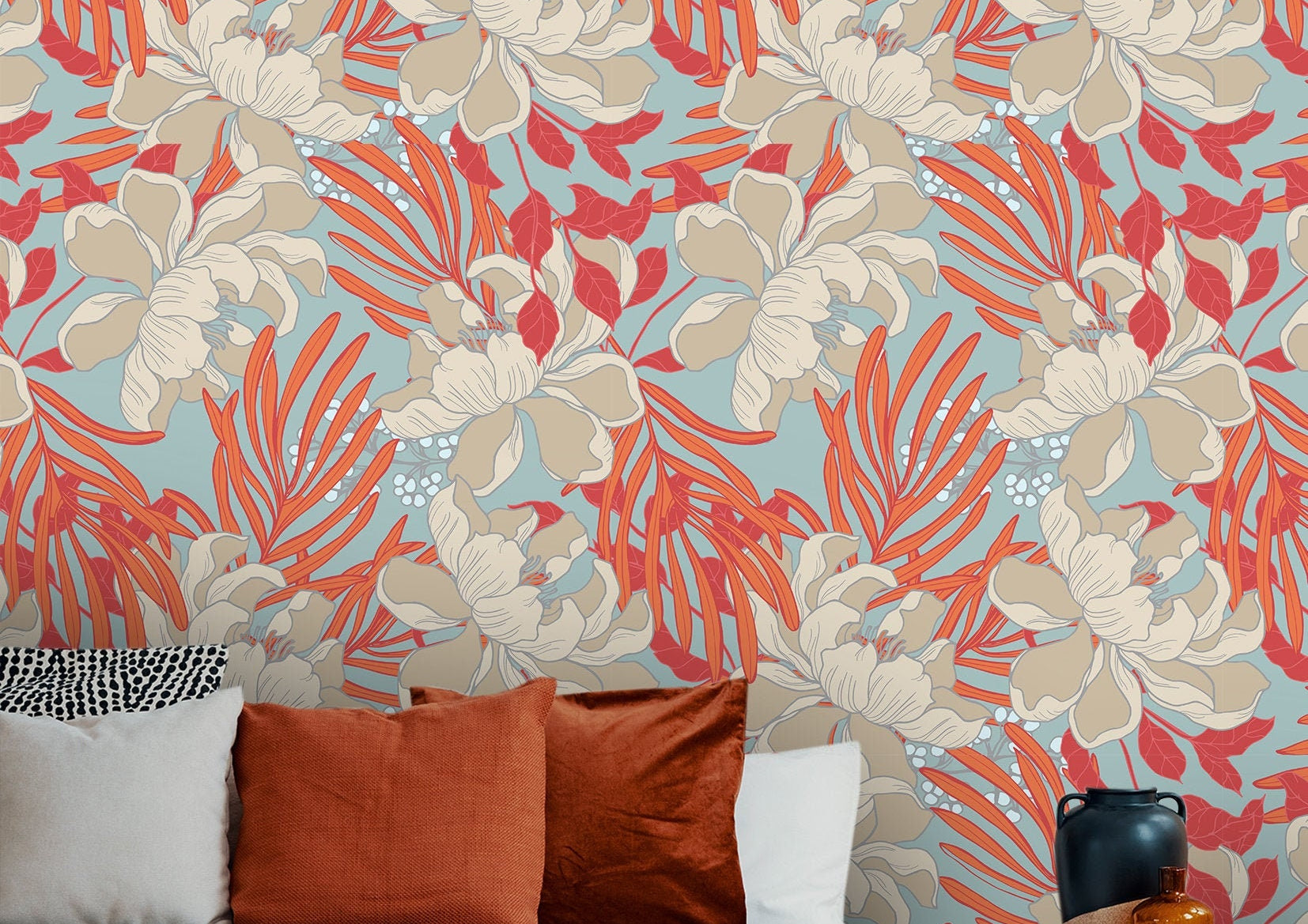 Set of 4 Panels of 24in (2ft) x 72in (6ft) Orange Floral DISCOUNTED Peel and Stick TEXTURE Wallpaper 995