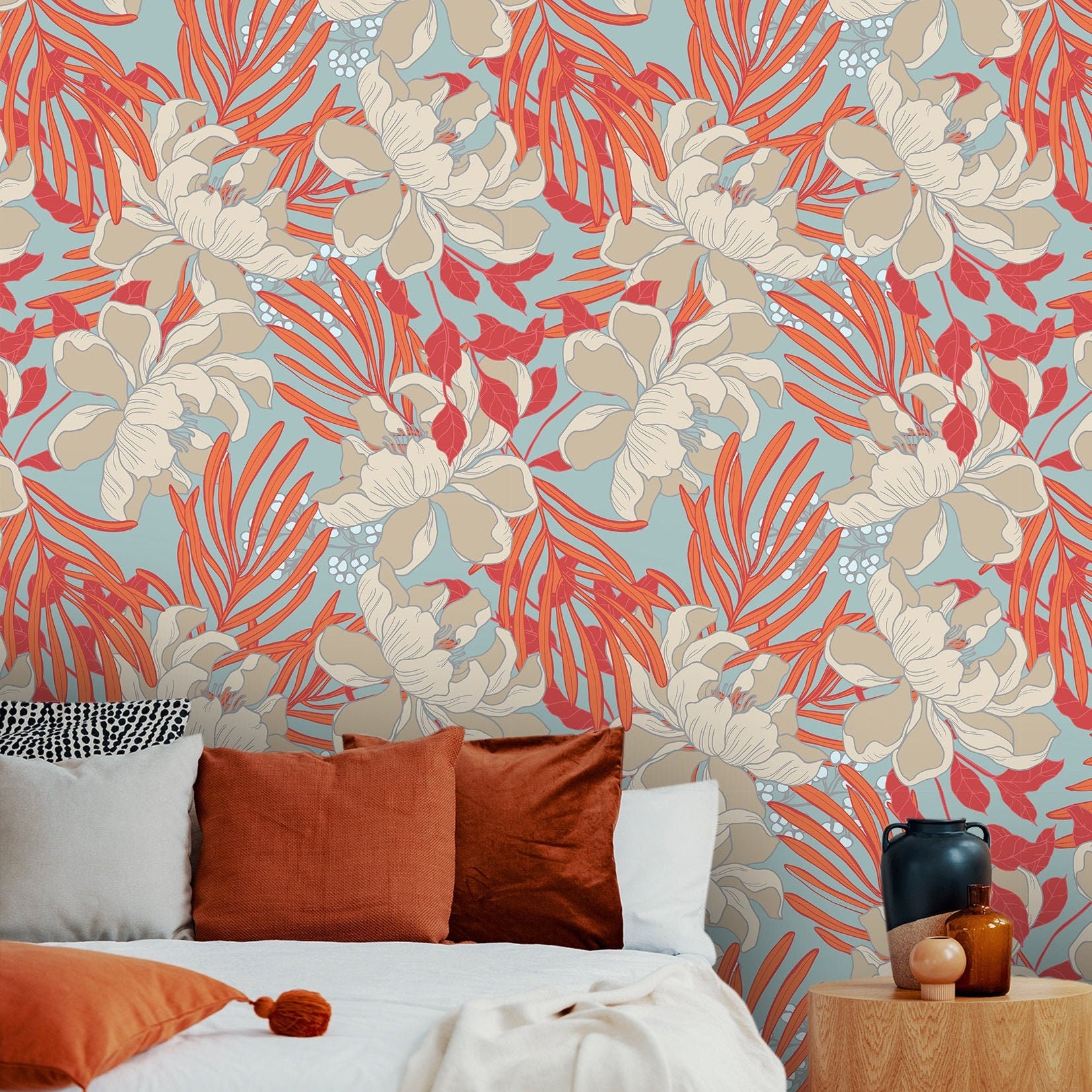 Set of 4 Panels of 24in (2ft) x 72in (6ft) Orange Floral DISCOUNTED Peel and Stick TEXTURE Wallpaper 995