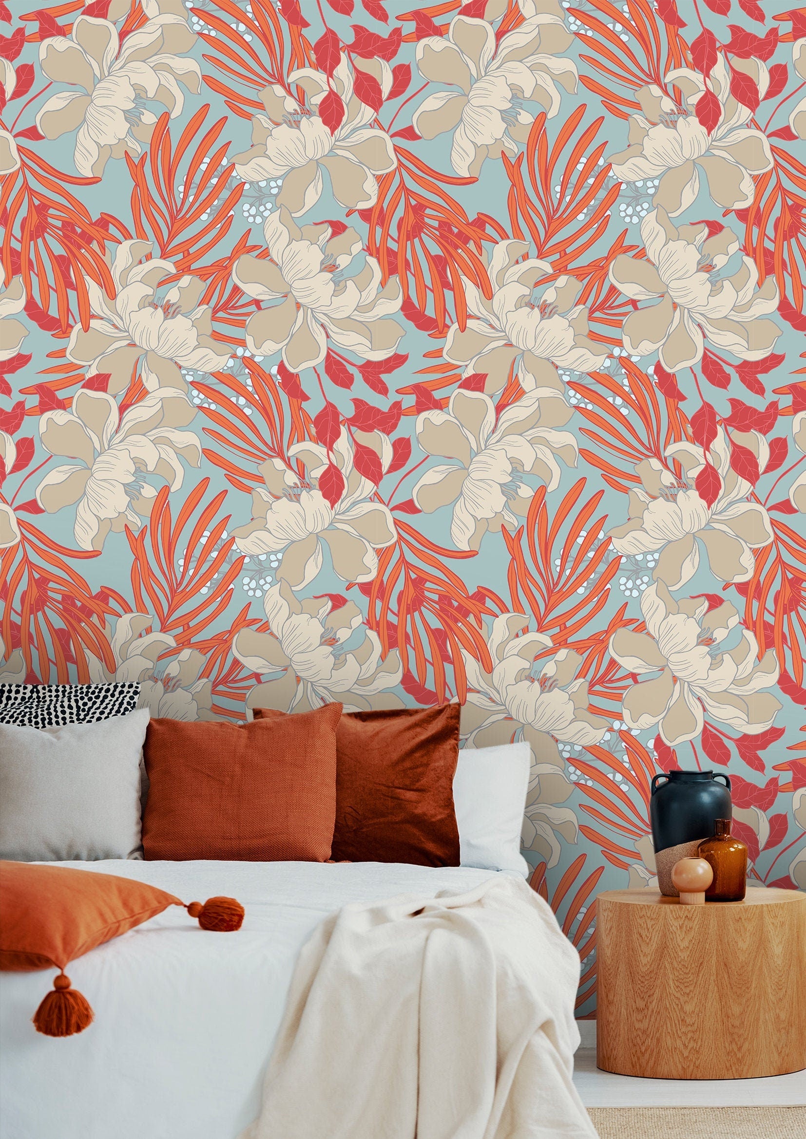 Orange Floral Wallpaper | Adhesive Wallpaper | Peel And Stick Wallpaper | Removable Wallpaper | Wall Paper Peel And Stick Mural 995
