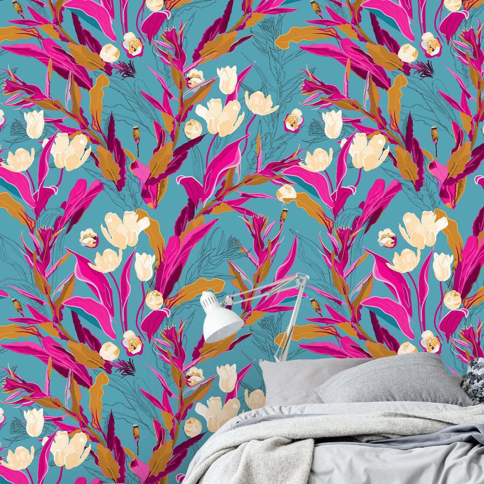 Blue Tropical Floral Wallpaper | Wallpaper Peel and Stick | Removable Wallpaper | Peel and Stick Wallpaper | Wall Paper Peel And Stick  2236 - JamesAndColors