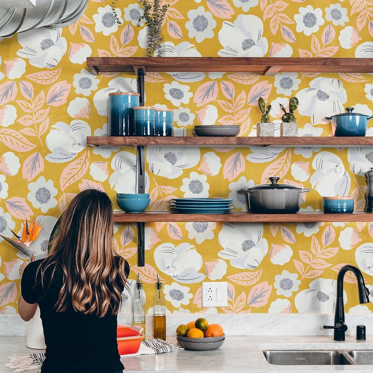 Yellow White Floral Wallpaper | Removable Wallpaper | Peel And Stick Wallpaper | Adhesive Wallpaper | Wall Paper Peel Stick Wall Mural 2305 - JamesAndColors