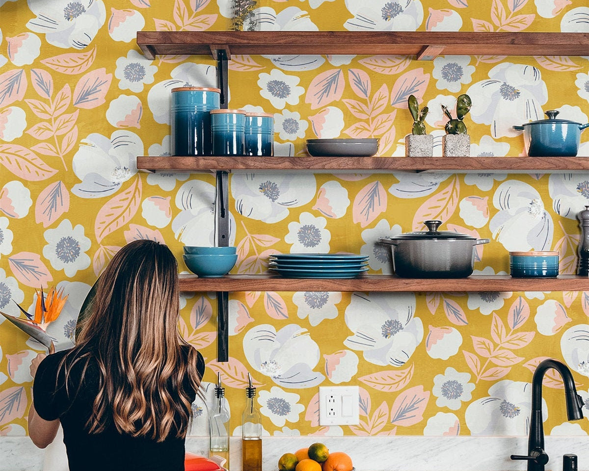 Yellow White Floral Wallpaper | Removable Wallpaper | Peel And Stick Wallpaper | Adhesive Wallpaper | Wall Paper Peel Stick Wall Mural 2305 - JamesAndColors
