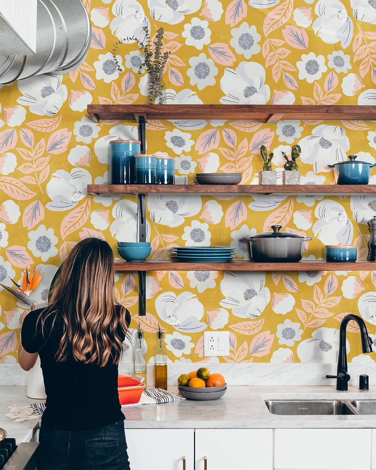 Yellow White Floral Wallpaper | Removable Wallpaper | Peel And Stick Wallpaper | Adhesive Wallpaper | Wall Paper Peel Stick Wall Mural 2305 - JamesAndColors