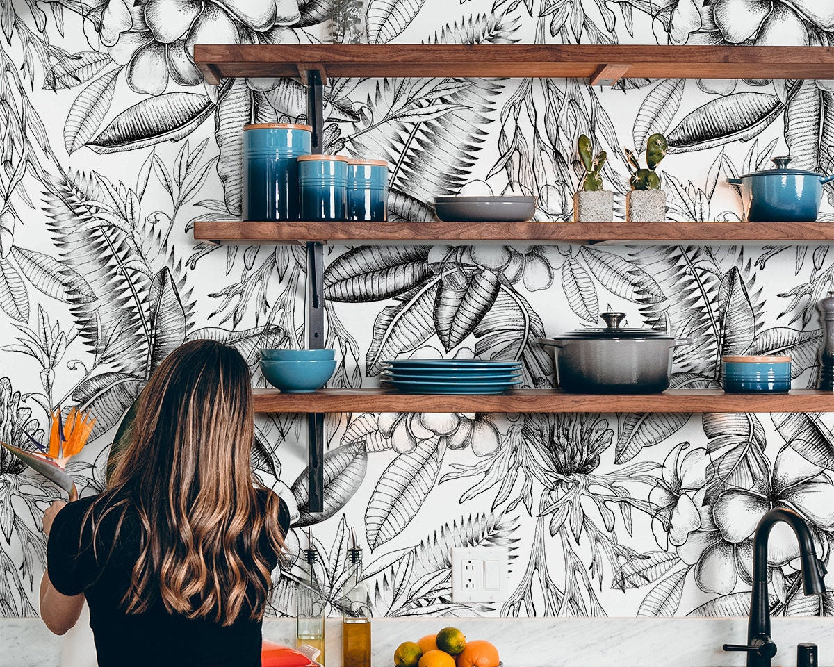 Black White Tropical Wallpaper | Removable Wallpaper | Peel And Stick Wallpaper | Wall Mural Wallpaper | Wall Paper Peel And Stick 2334 - JamesAndColors