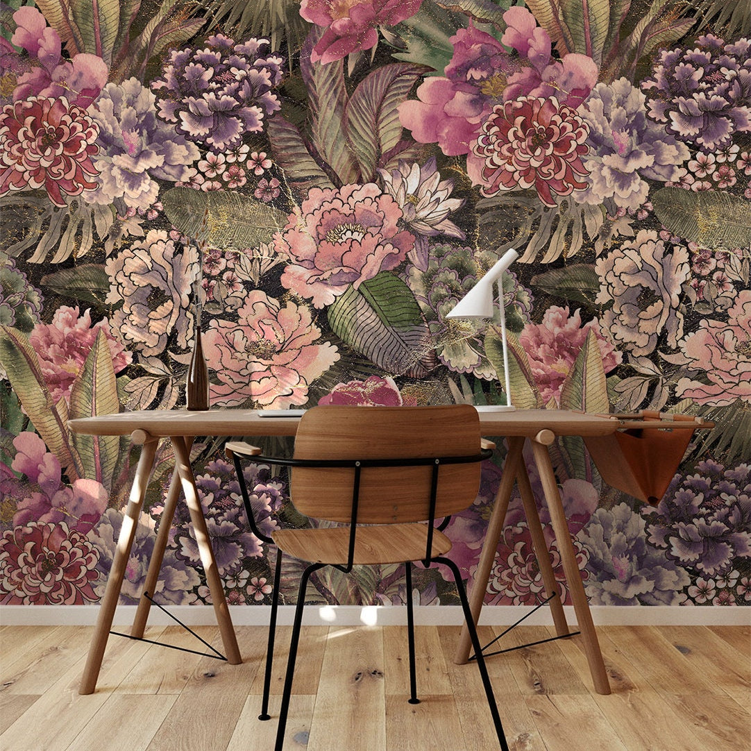 Dark Pink Floral Wallpaper | Removable Wallpaper | Peel And Stick Wallpaper | Wall Mural Wallpaper | Wall Paper Peel And Stick Mural 2329 - JamesAndColors
