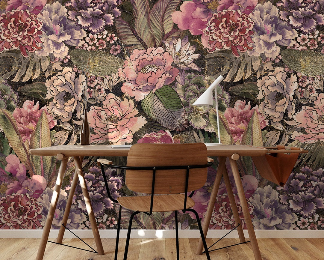 Dark Pink Floral Wallpaper | Removable Wallpaper | Peel And Stick Wallpaper | Wall Mural Wallpaper | Wall Paper Peel And Stick Mural 2329 - JamesAndColors