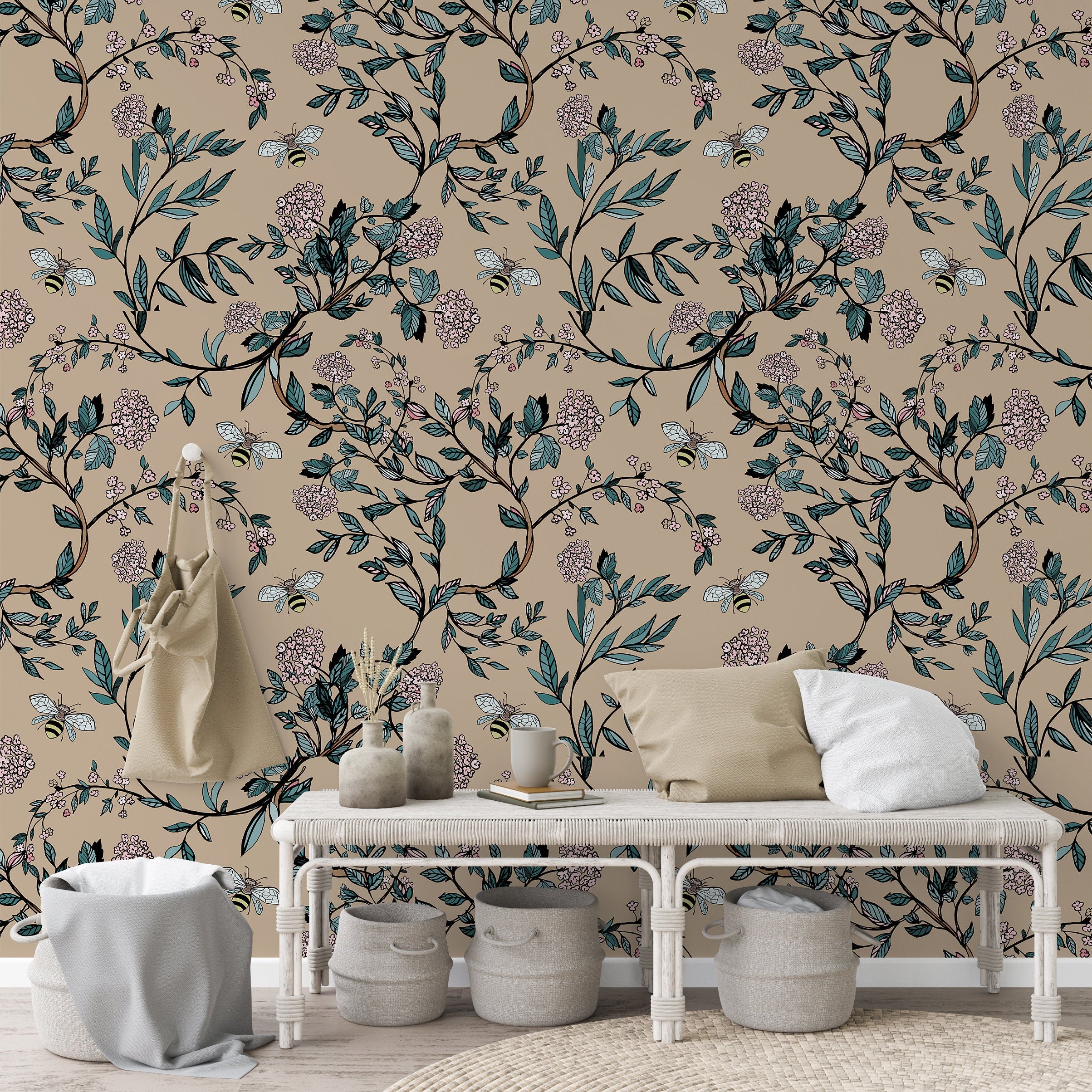 Bees Vine Floral Wallpaper | Wallpaper Peel and Stick | Removable Wallpaper | Peel and Stick Wallpaper | Wall Paper Peel And Stick | 2200 - JamesAndColors