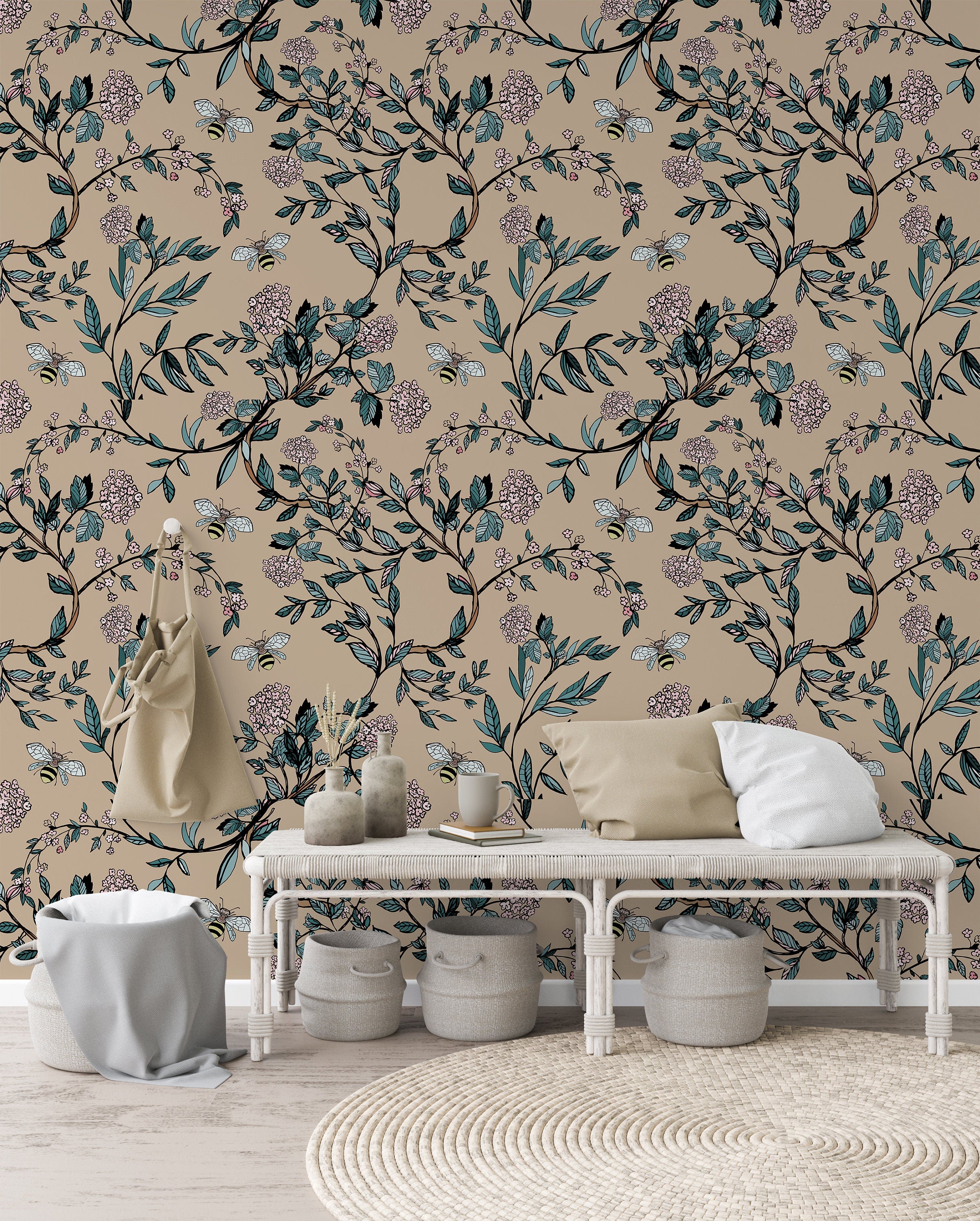 Bees Vine Floral Wallpaper | Wallpaper Peel and Stick | Removable Wallpaper | Peel and Stick Wallpaper | Wall Paper Peel And Stick | 2200 - JamesAndColors