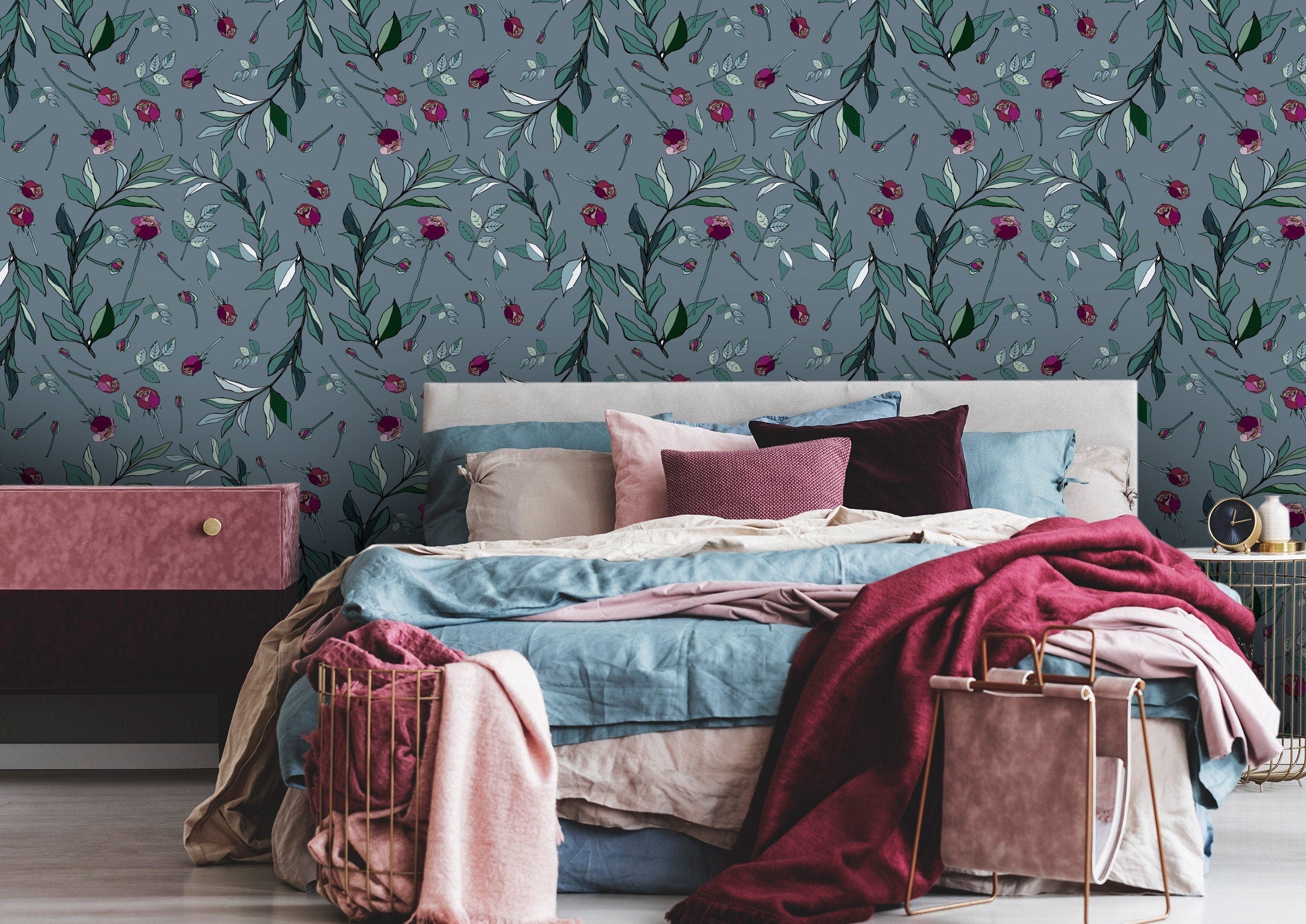 Blue Gray Floral Wallpaper | Wallpaper Peel and Stick | Removable Wallpaper | Peel and Stick Wallpaper | Wall Paper Peel And Stick | 2168 - JamesAndColors