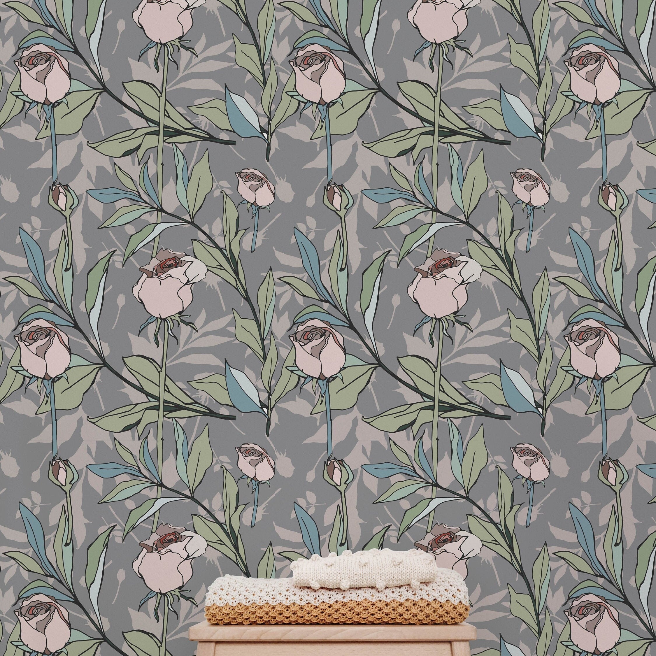 Gray Pink Floral Wallpaper | Wallpaper Peel and Stick | Removable Wallpaper | Peel and Stick Wallpaper | Wall Paper Peel And Stick | 2167 - JamesAndColors