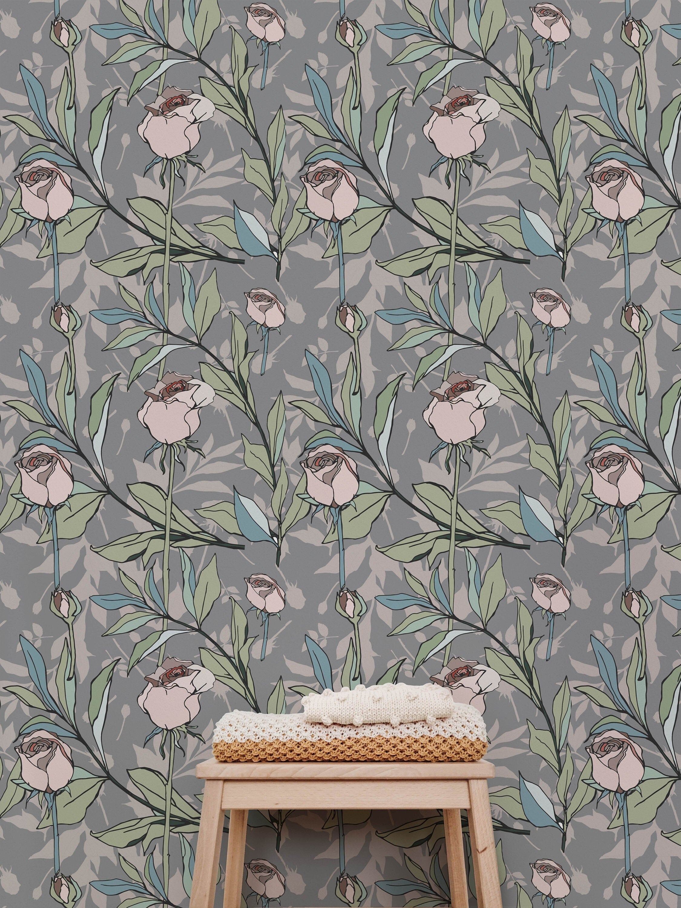 Gray Pink Floral Wallpaper | Wallpaper Peel and Stick | Removable Wallpaper | Peel and Stick Wallpaper | Wall Paper Peel And Stick | 2167 - JamesAndColors