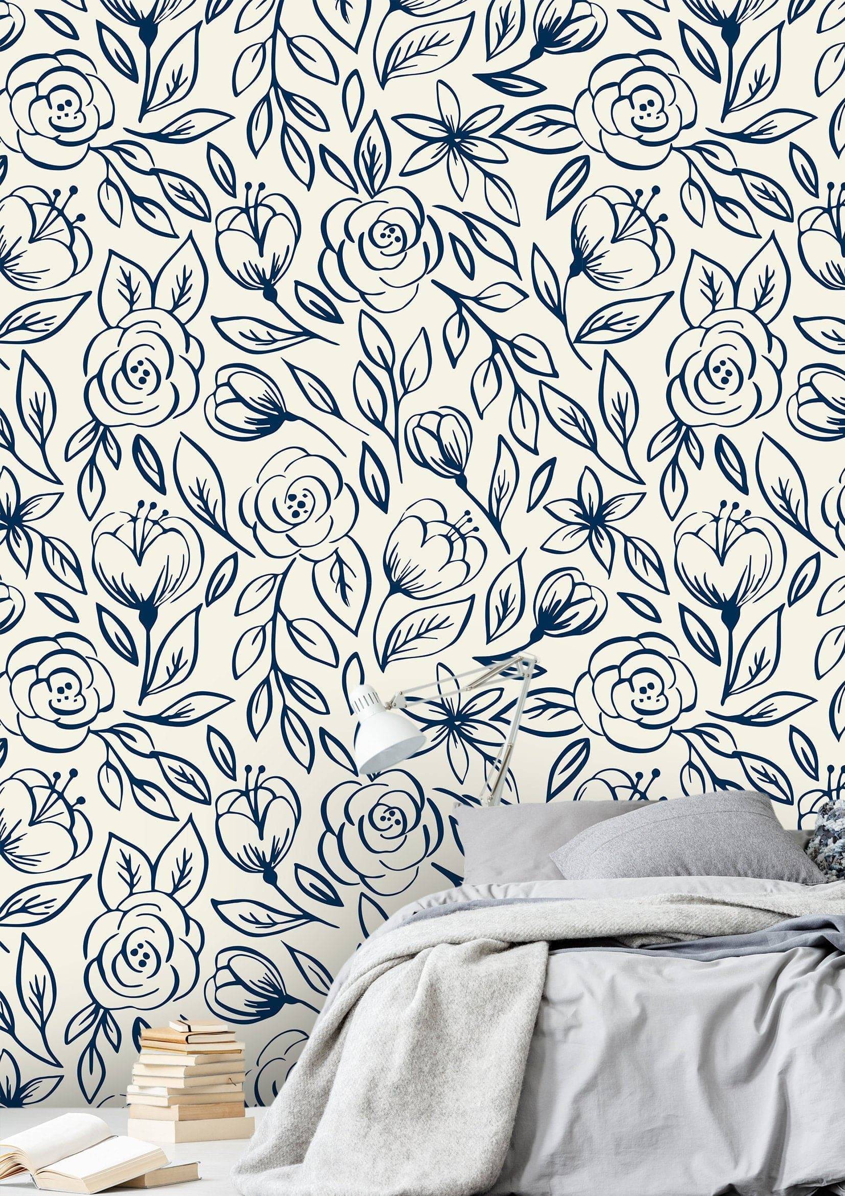 Navy Rose Floral Wallpaper | Removable Wallpaper | Peel And Stick Wallpaper | Adhesive Wallpaper | Wall Paper Peel Stick Wall Mural 2361 - JamesAndColors