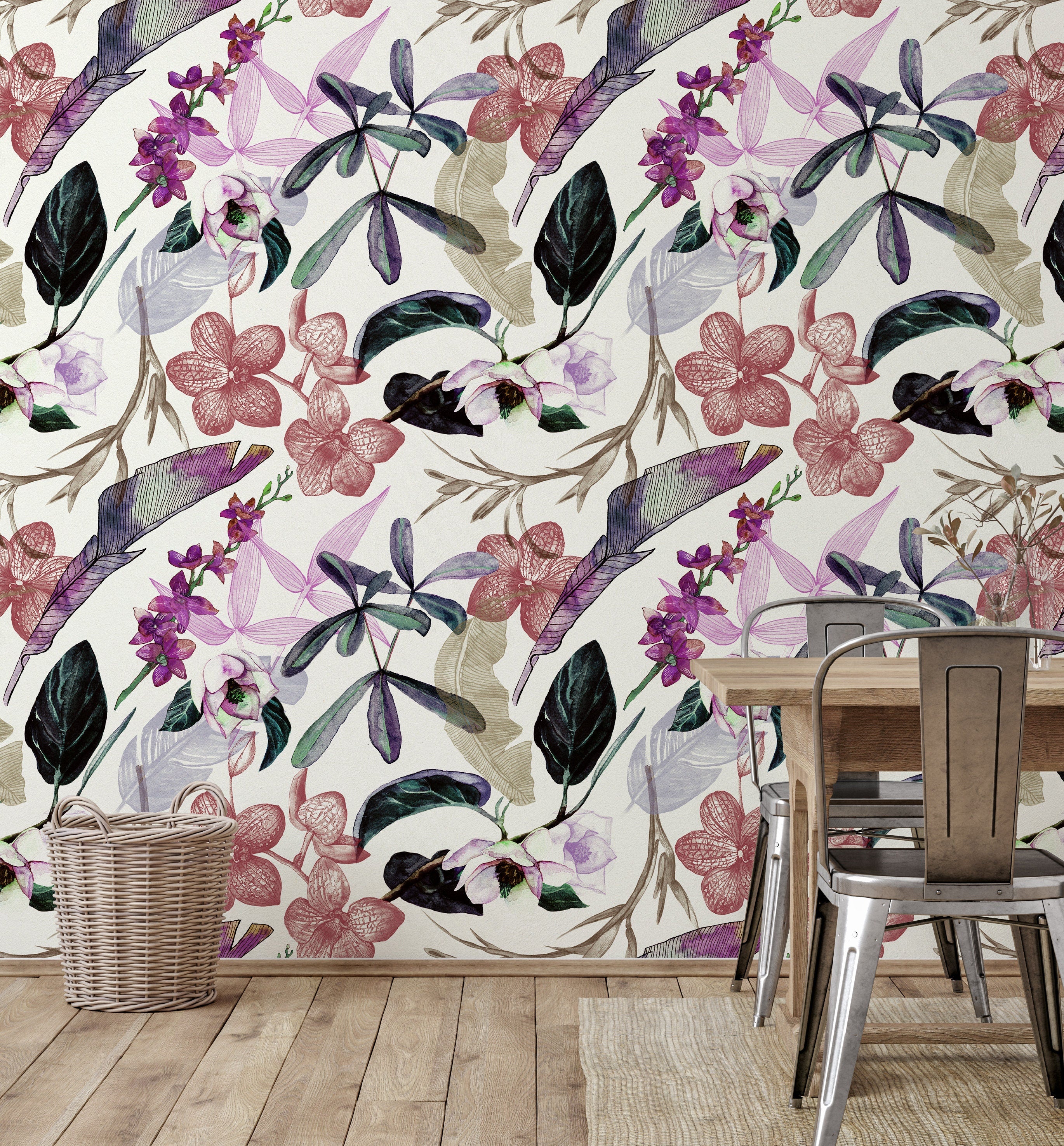 Purple Tropical Floral Wallpaper | Removable Wallpaper | Peel And Stick Wallpaper | Adhesive Wallpaper | Wall Paper Peel Stick Mural 2351 - JamesAndColors