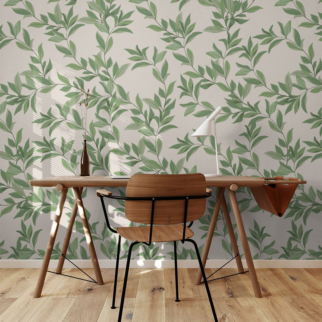 Beige Green Foliage Wallpaper | Removable Wallpaper | Peel And Stick Wallpaper | Adhesive Wallpaper | Wall Paper Peel Stick Wall Mural 2374 - JamesAndColors