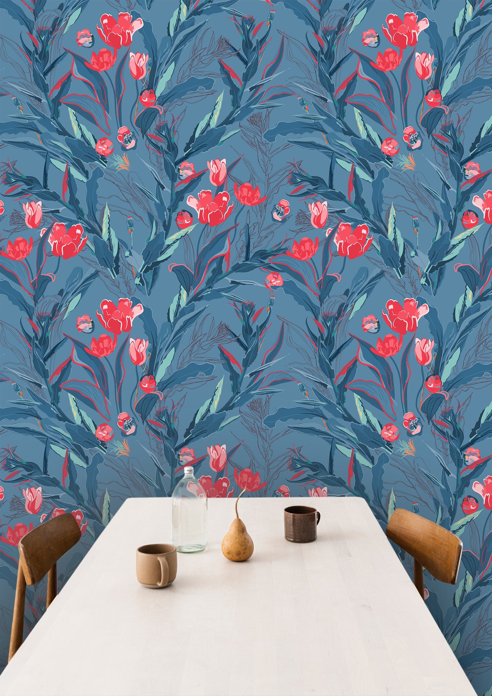 Blue Tulip Floral Wallpaper | Wallpaper Peel and Stick | Removable Wallpaper | Peel and Stick Wallpaper | Wall Paper Peel And Stick | 2121 - JamesAndColors