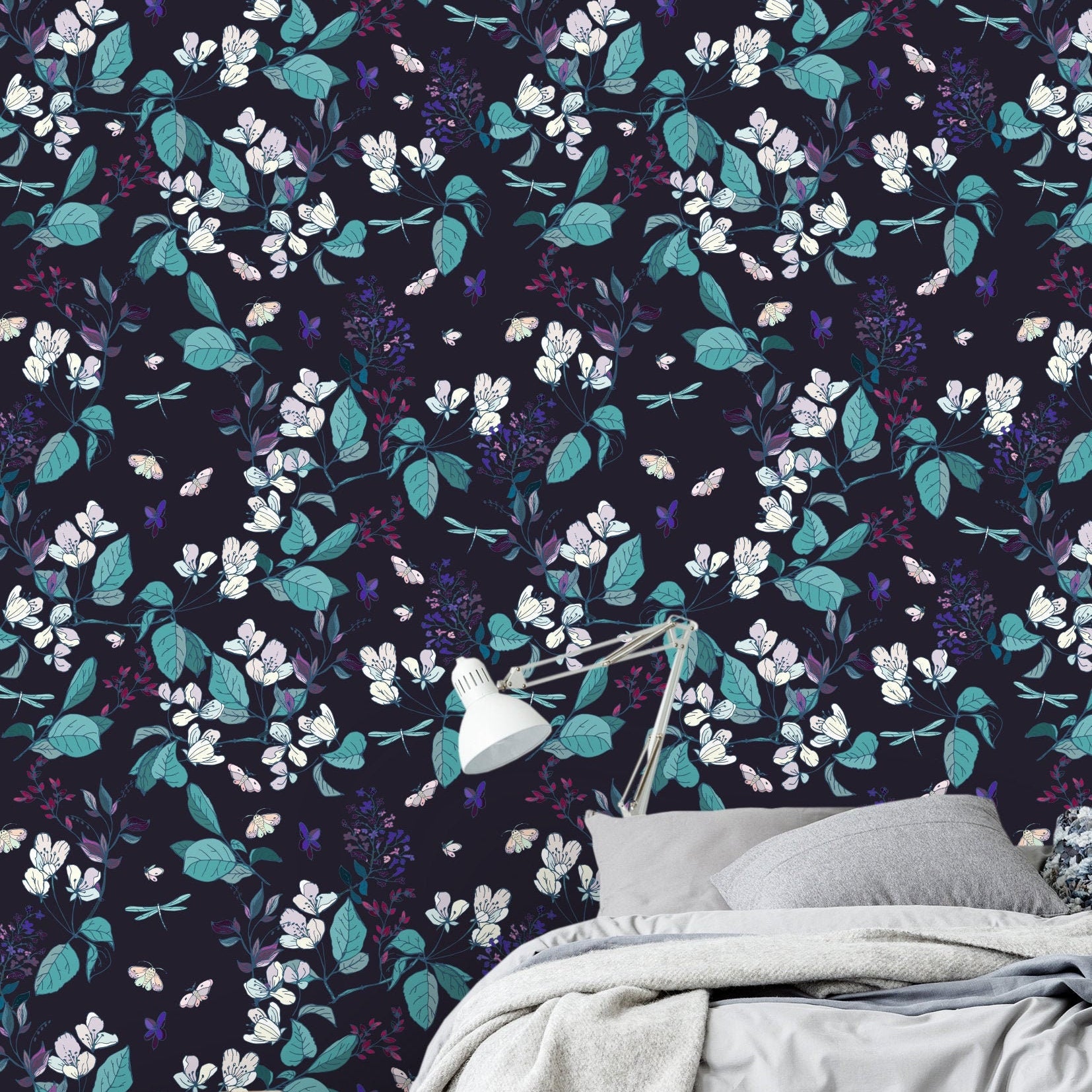 Navy Dark Floral Wallpaper | Wallpaper Peel and Stick | Removable Wallpaper | Peel and Stick Wallpaper | Wall Paper Peel And Stick 2104 - JamesAndColors