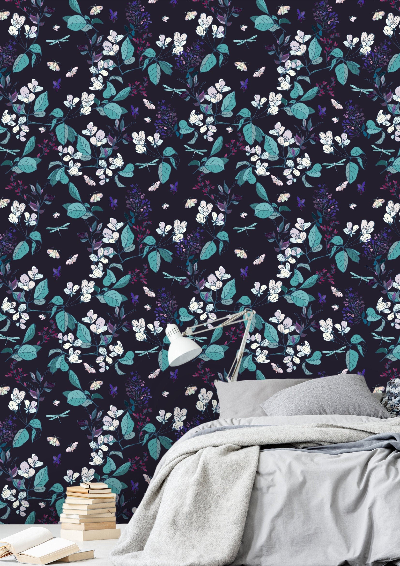Navy Dark Floral Wallpaper | Wallpaper Peel and Stick | Removable Wallpaper | Peel and Stick Wallpaper | Wall Paper Peel And Stick 2104 - JamesAndColors