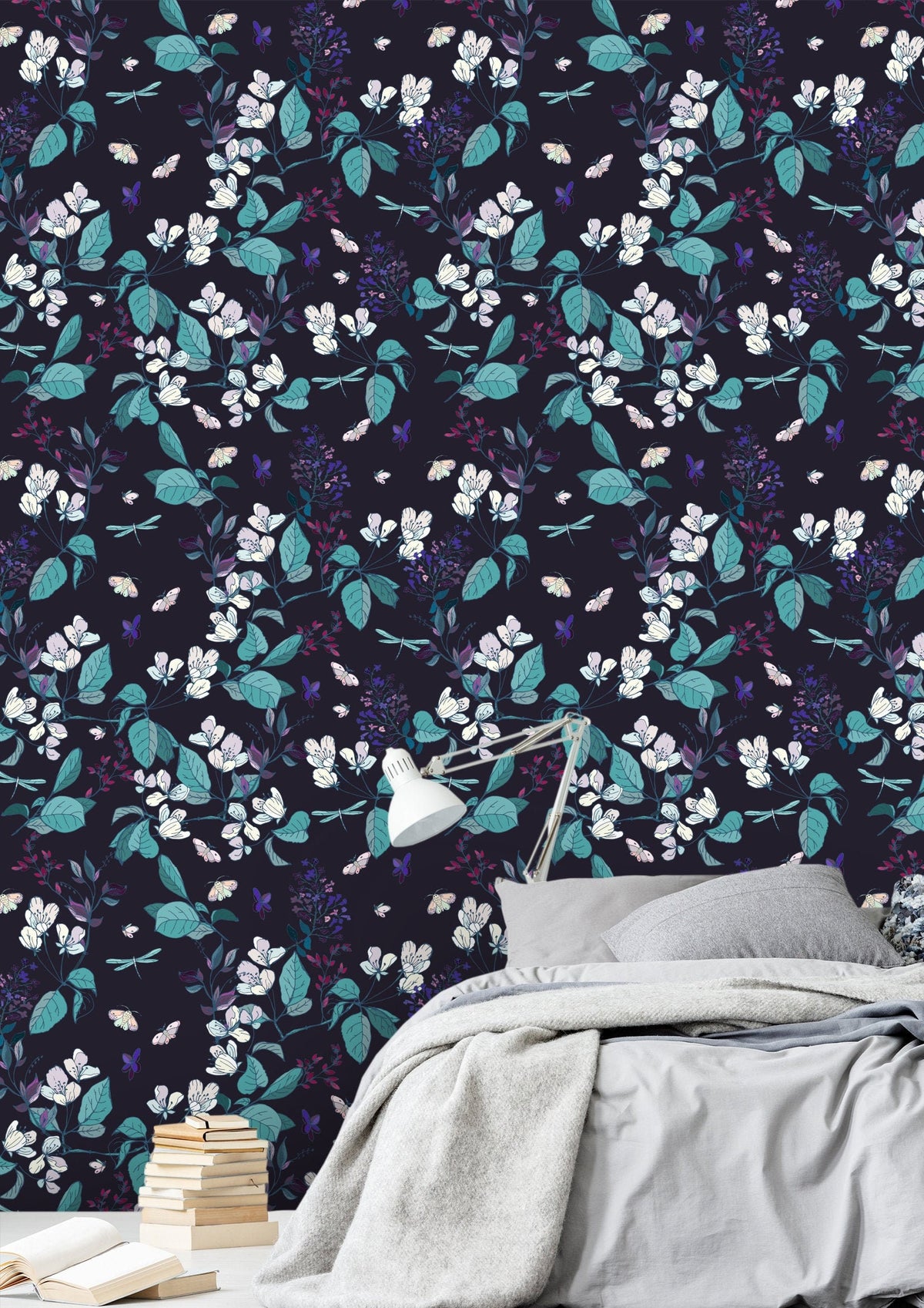 Navy Dark Floral Wallpaper | Wallpaper Peel and Stick | Removable ...