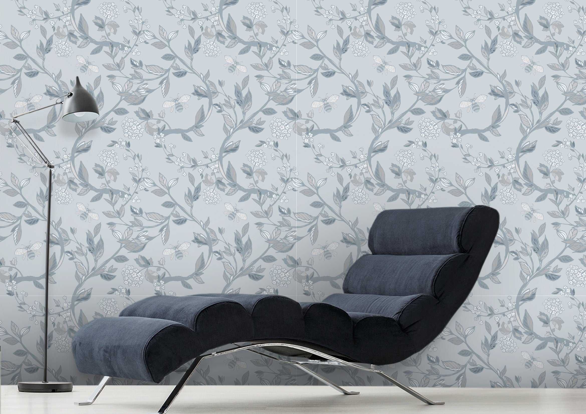 Gray Wash Bee Branches Floral Wallpaper | Wallpaper Peel and Stick | Removable Wallpaper | Wall Paper Peel And Stick 2069 - JamesAndColors