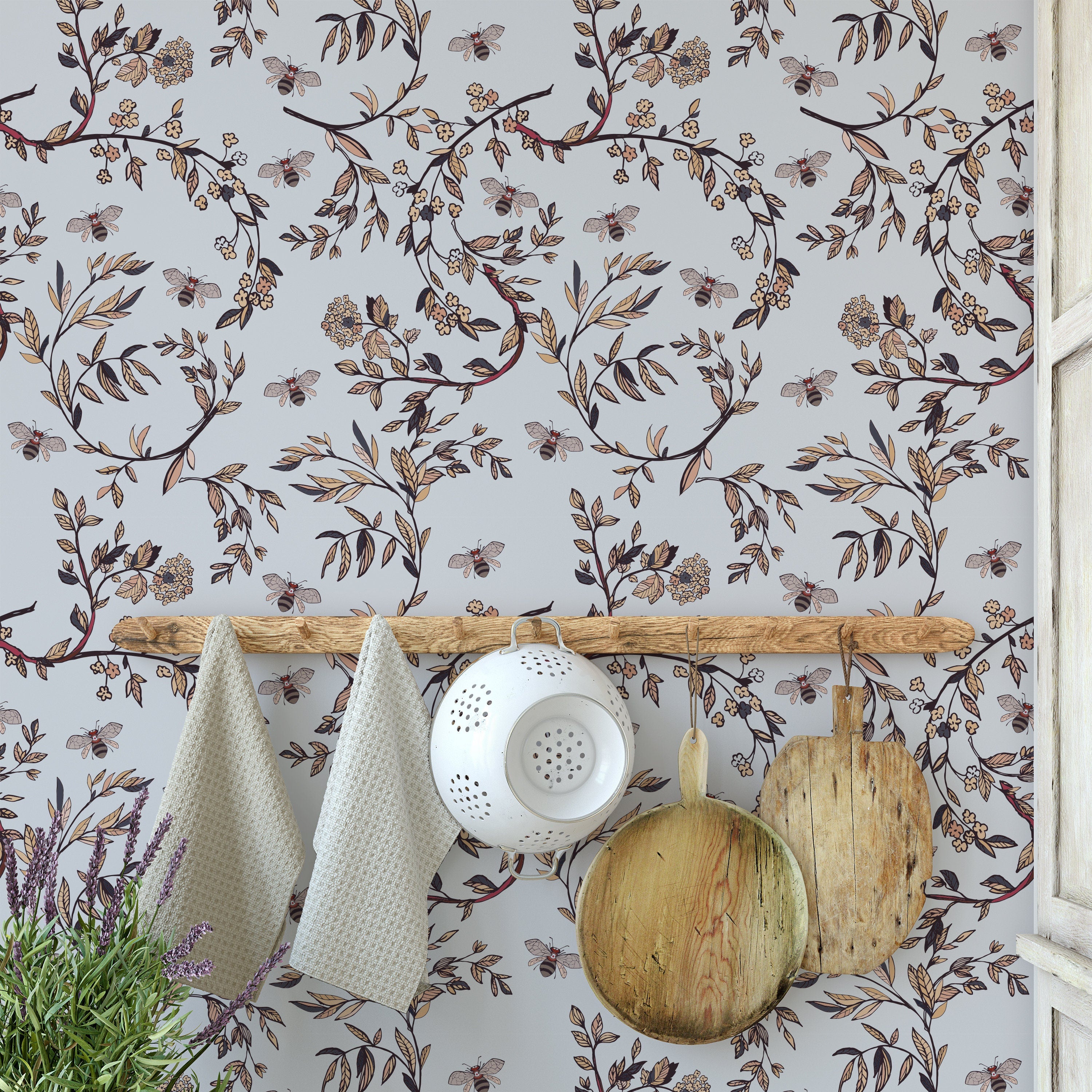 Vintage Gray Bee Branches Floral Wallpaper | Wallpaper Peel and Stick | Removable Wallpaper | Wall Paper Peel And Stick 2067 - JamesAndColors
