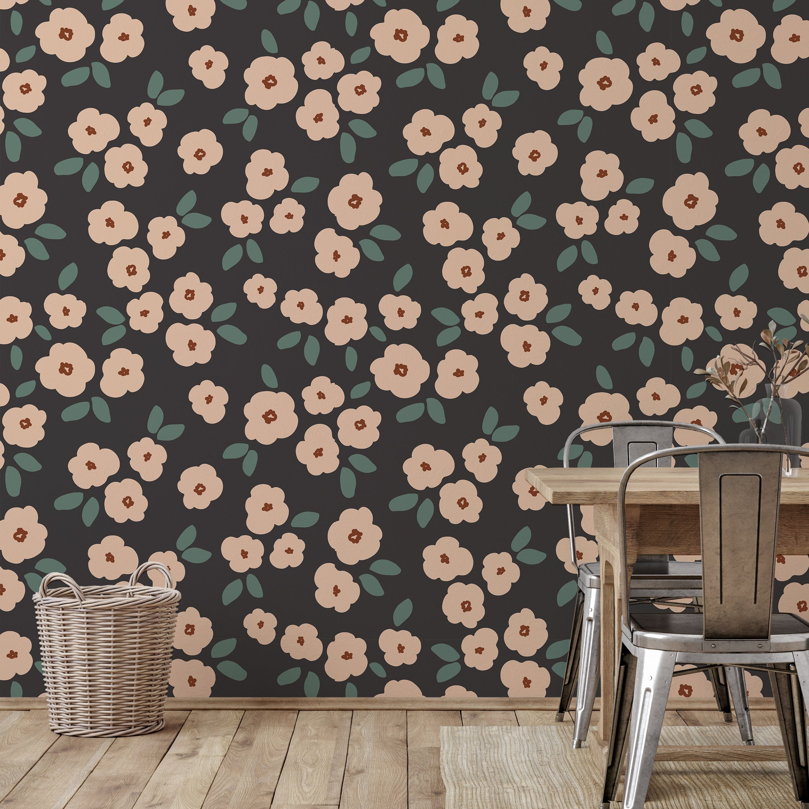 Dark Pink Drawn Floral Wallpaper | Wallpaper Peel and Stick | Removable Wallpaper | Wall Paper Peel And Stick | Wall Mural Wall Decor 2402 - JamesAndColors