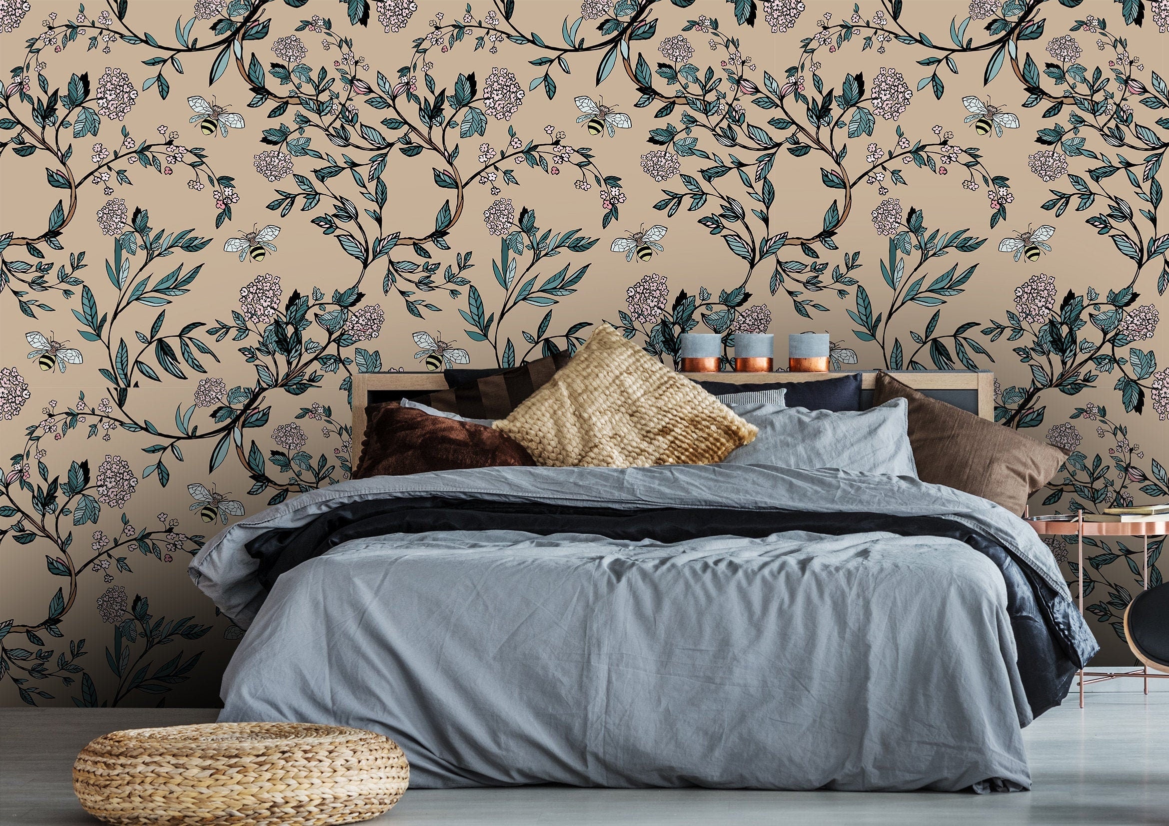 Bees Vine Floral Wallpaper | Wallpaper Peel and Stick | Removable Wallpaper | Peel and Stick Wallpaper | Wall Paper Peel And Stick | 2200 - JamesAndColors