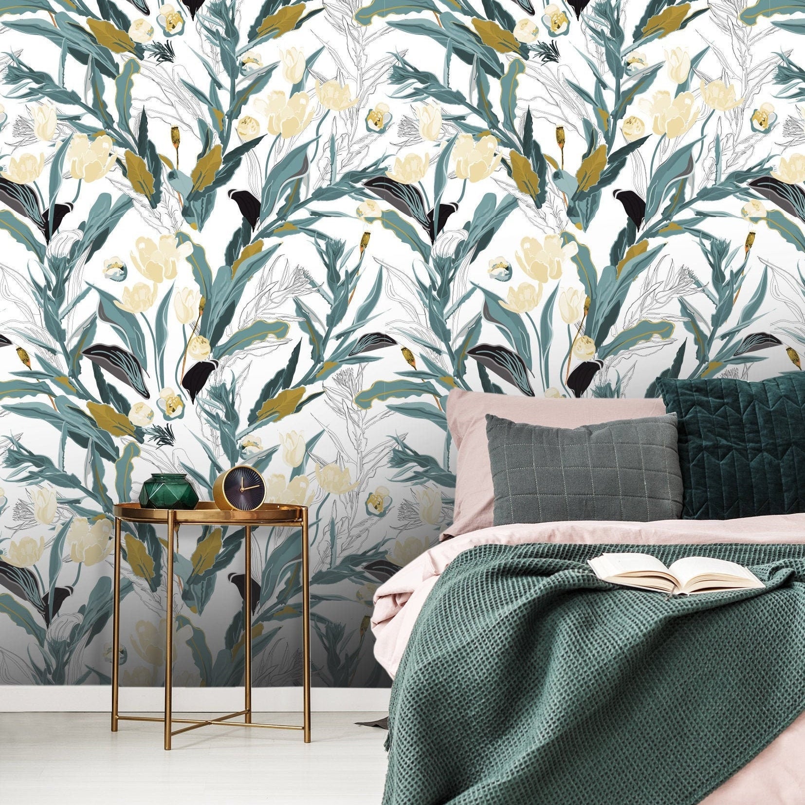 Green Gold Floral Wallpaper | Wallpaper Peel and Stick | Removable Wallpaper | Peel and Stick Wallpaper | Wall Paper Peel And Stick | 2234 - JamesAndColors