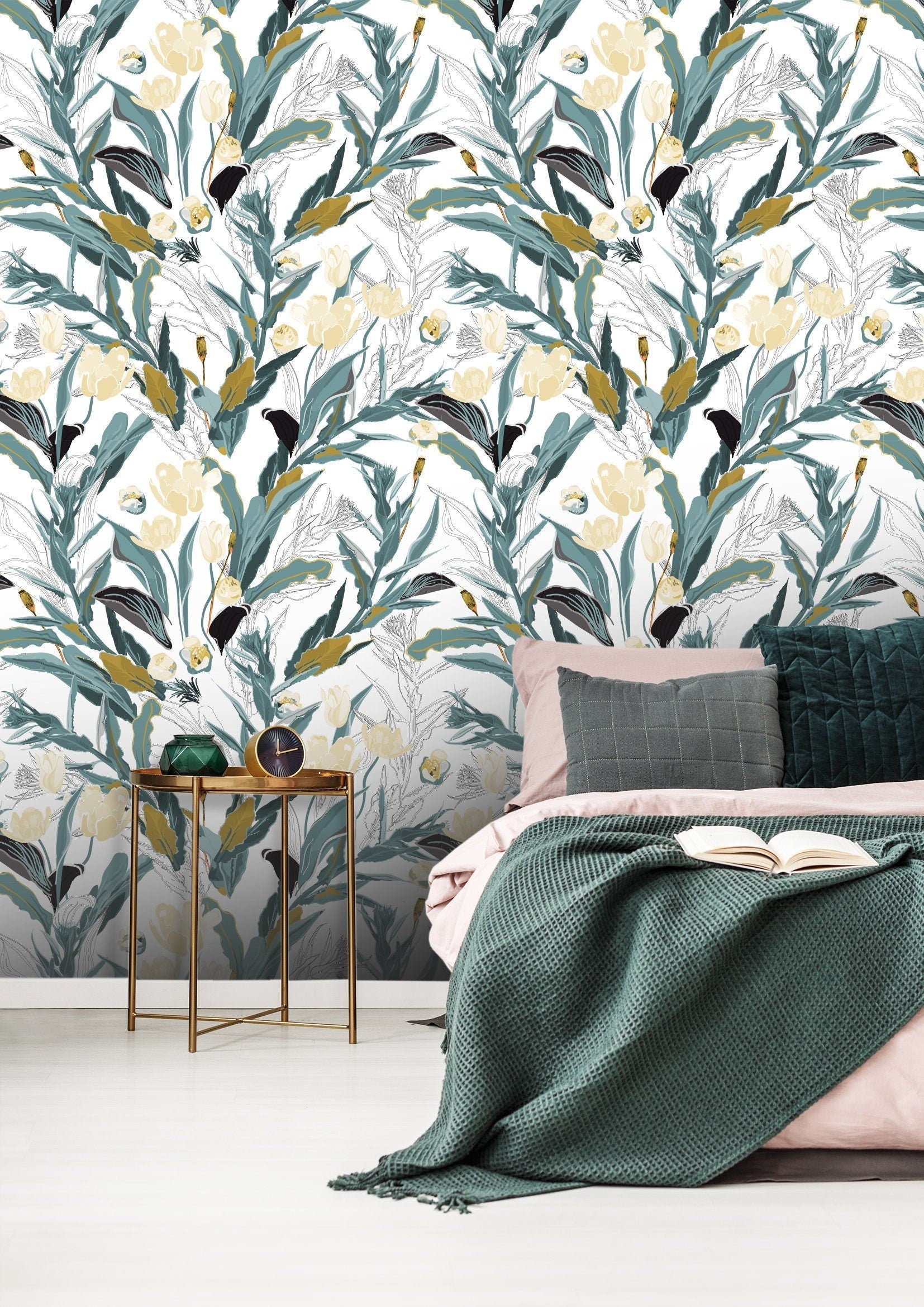 Green Gold Floral Wallpaper | Wallpaper Peel and Stick | Removable Wallpaper | Peel and Stick Wallpaper | Wall Paper Peel And Stick | 2234 - JamesAndColors