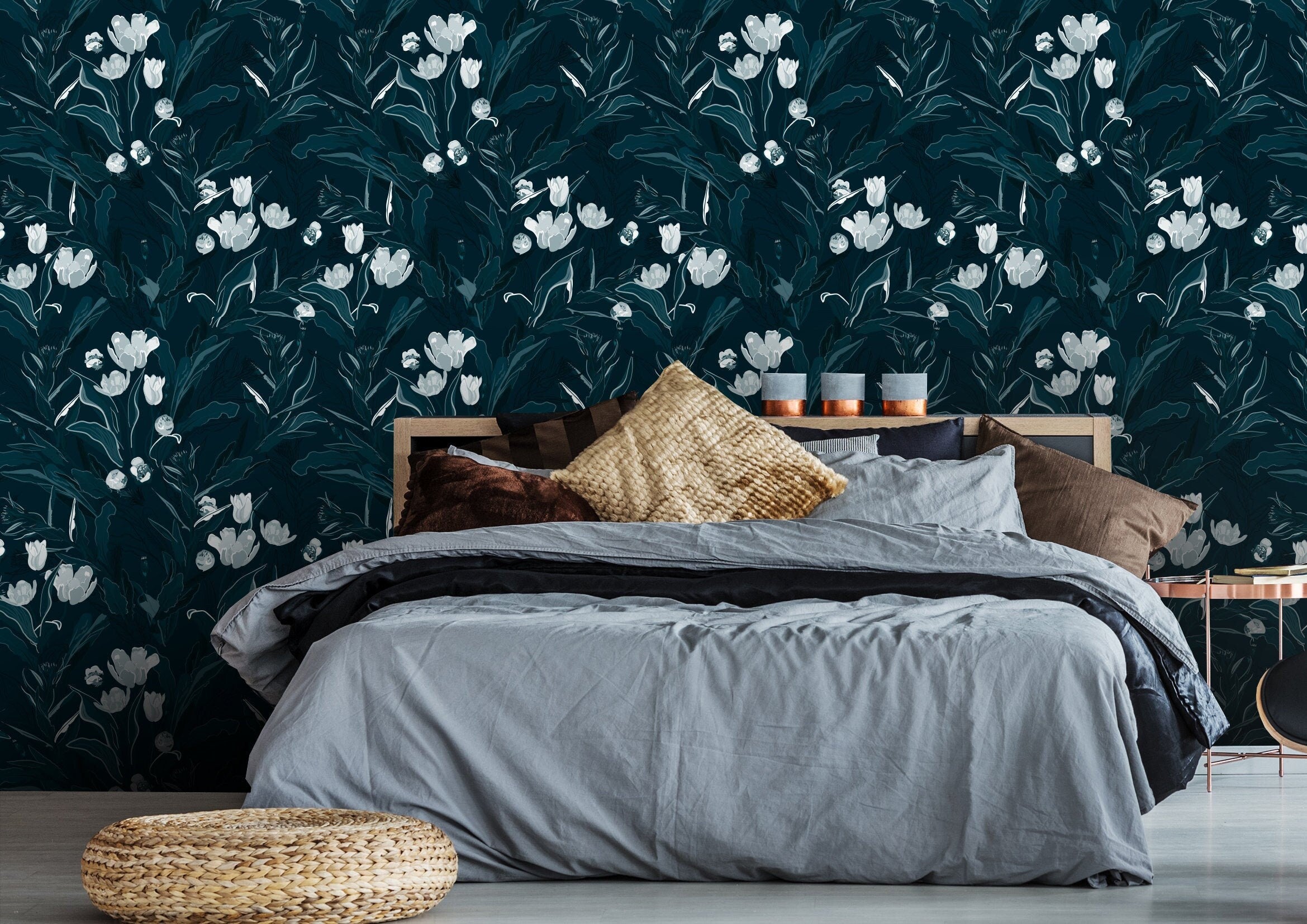 Navy Tulip Floral Wallpaper | Wallpaper Peel and Stick | Removable Wallpaper | Peel and Stick Wallpaper | Wall Paper Peel And Stick  2110 - JamesAndColors